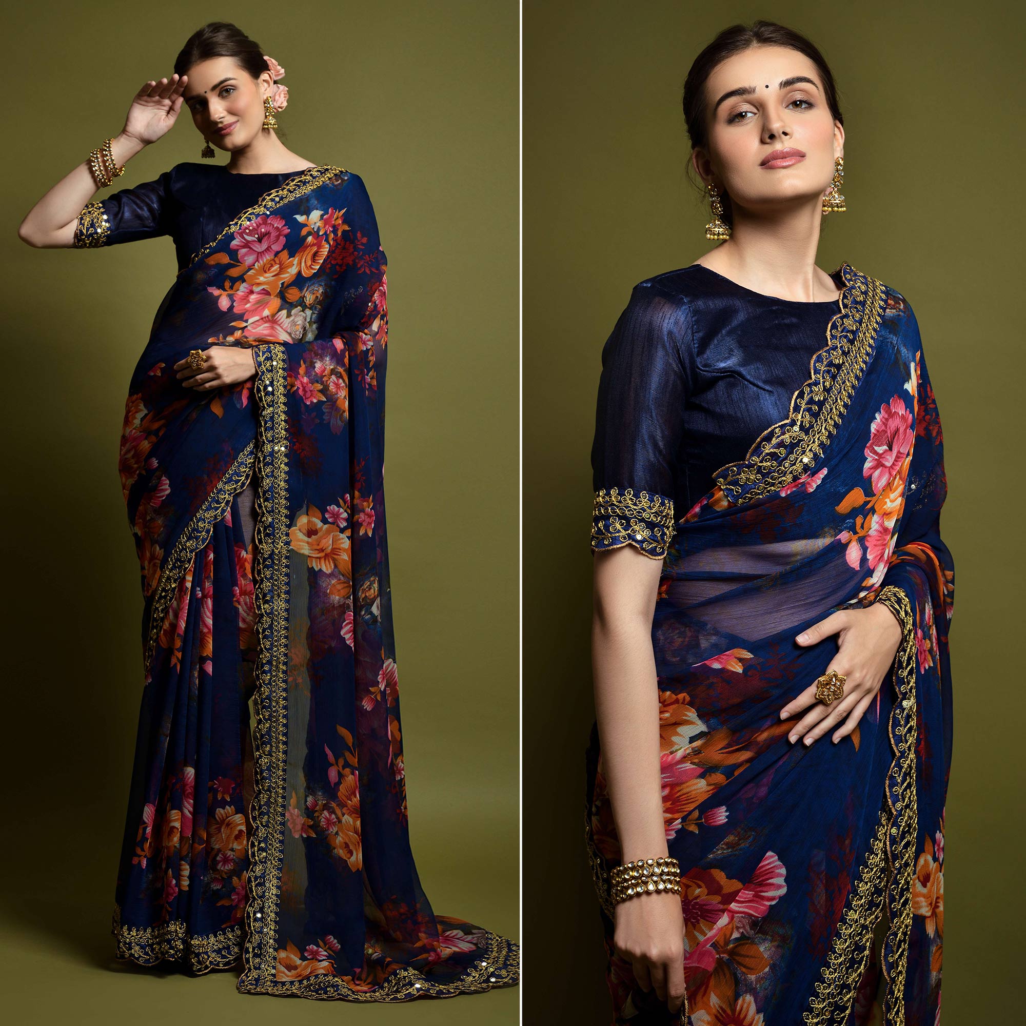 Blue Floral Printed Georgette Saree With Embroidered Border