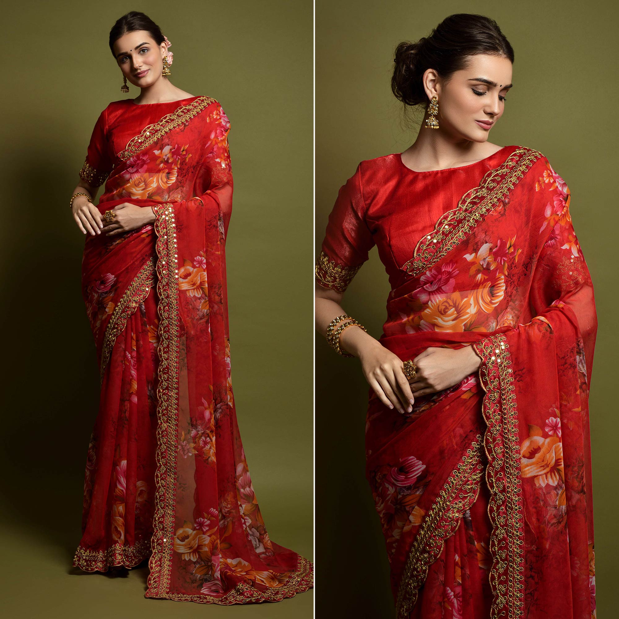 Red Floral Printed Georgette Saree With Embroidered Border