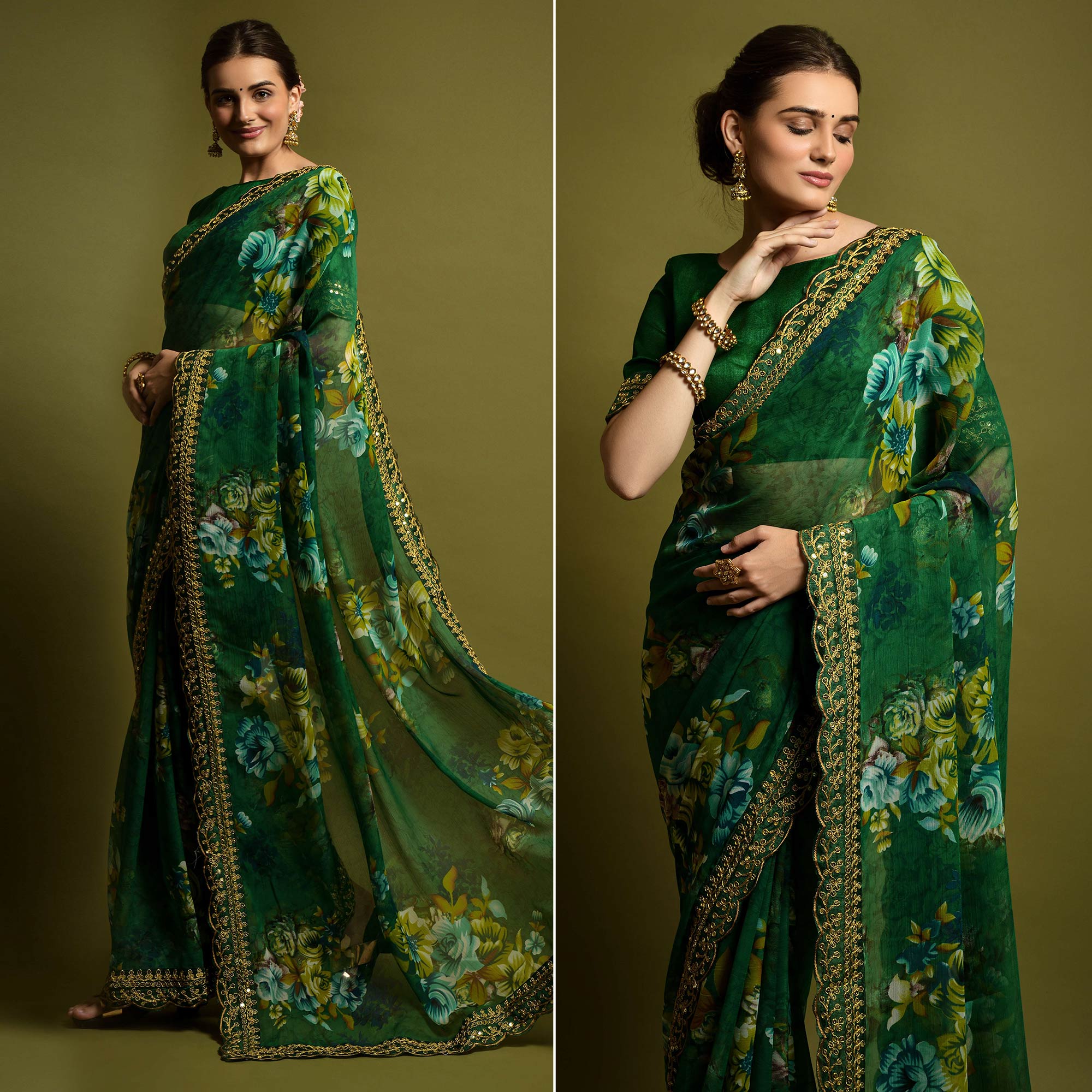 Green Floral Printed Georgette Saree With Embroidered Border