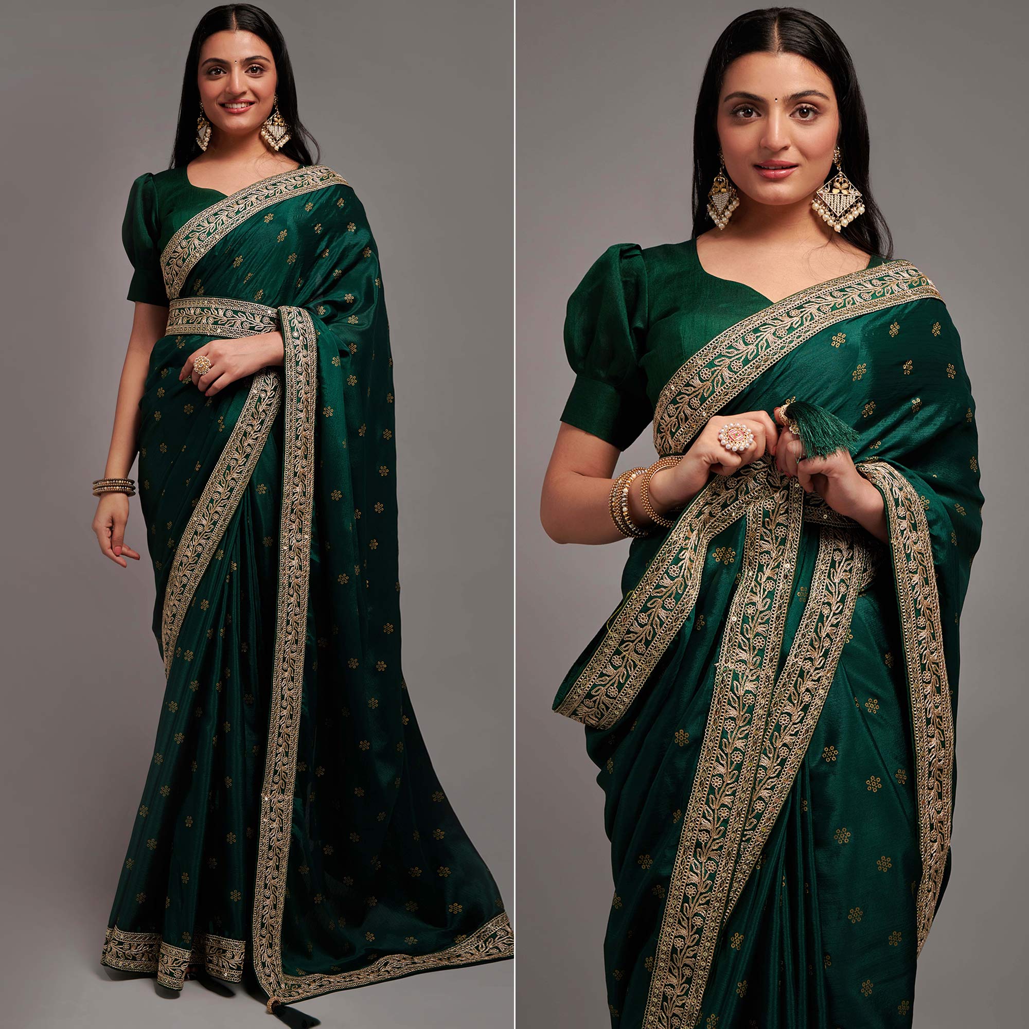 Green Foil Printed With Embroidered Border Chinon Saree