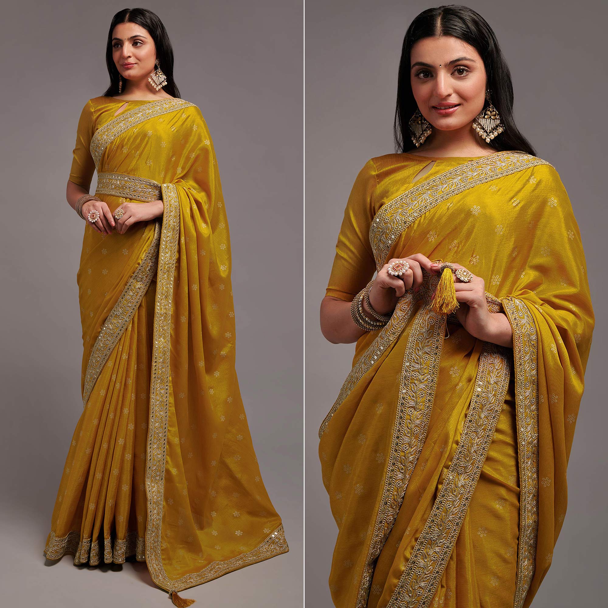 Mustard Foil Printed With Embroidered Border Chinon Saree