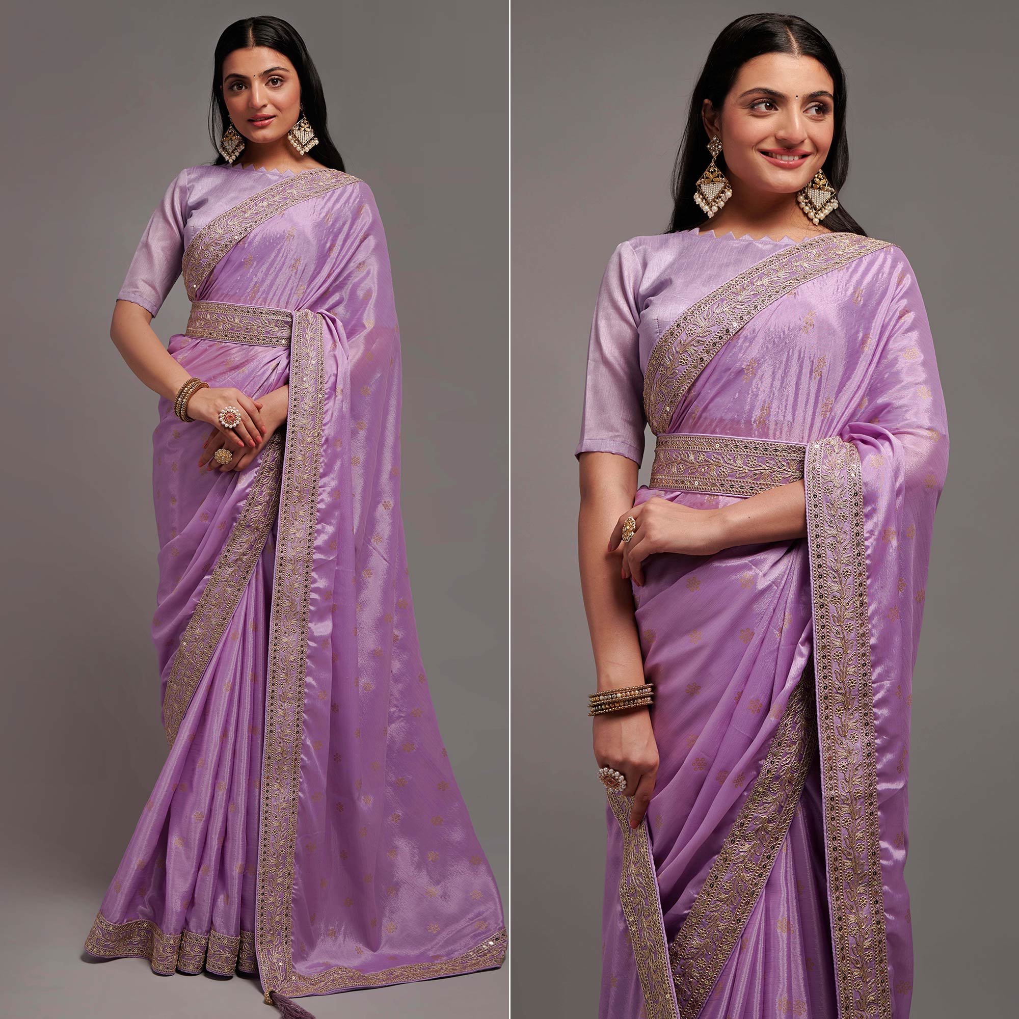 Light Purple Foil Printed With Embroidered Border Chinon Saree