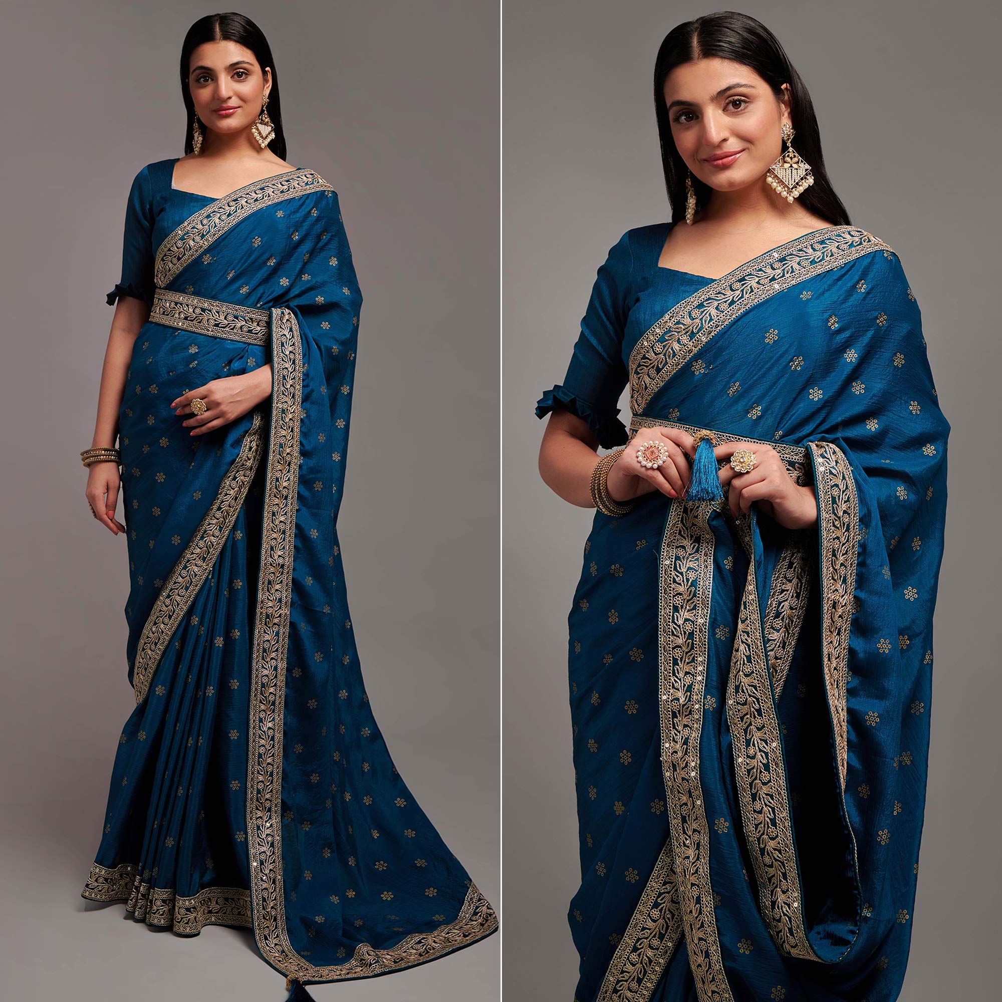 Blue Foil Printed With Embroidered Border Chinon Saree