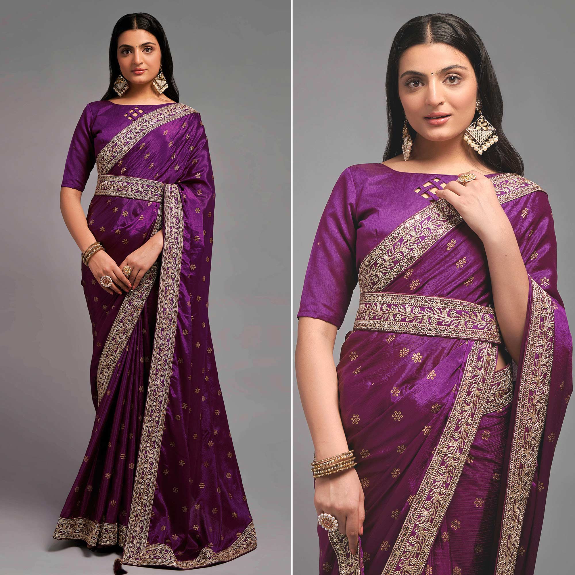Wine Foil Printed With Embroidered Border Chinon Saree