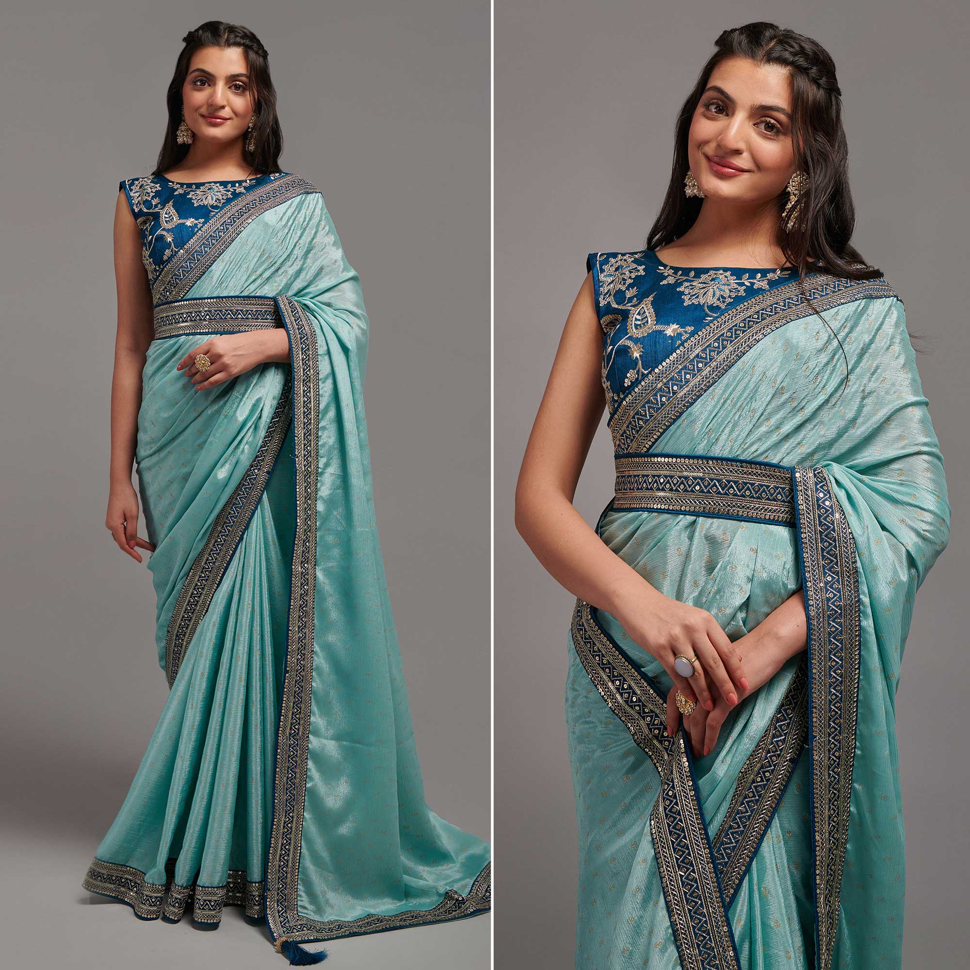 Turquoise Foil Printed With Embroidered Border Chinon Saree