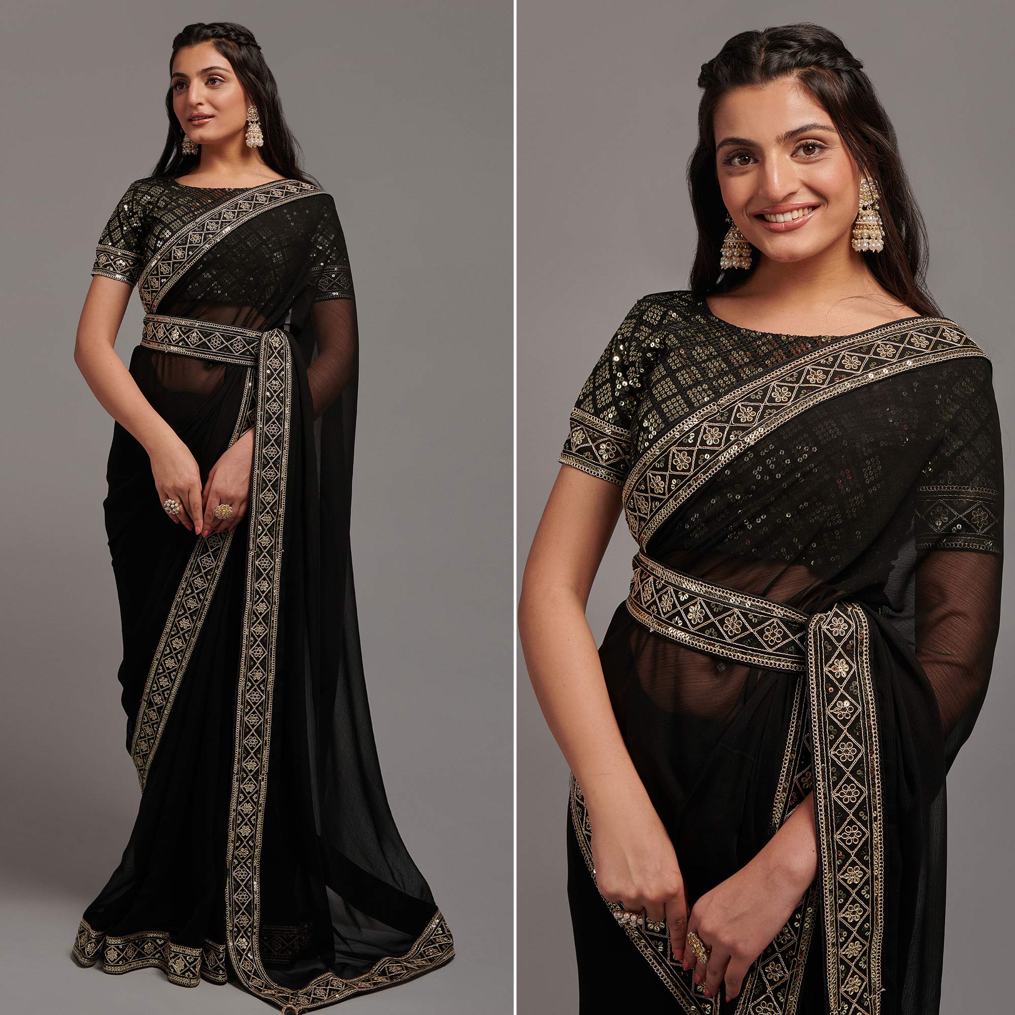 Black Sequins Embroidered Border Chinon Saree