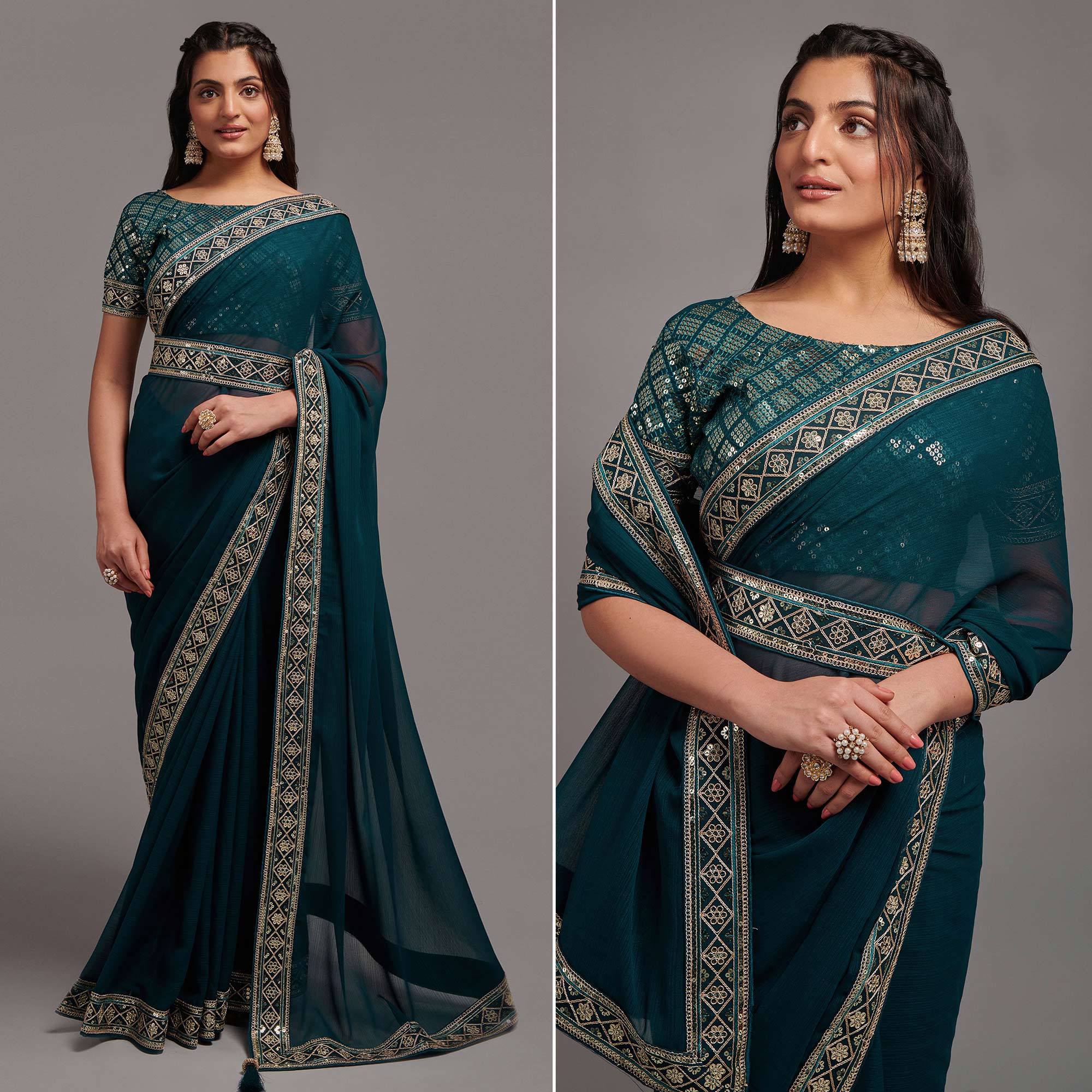 Morpich Sequins Embroidered Border Chinon Saree