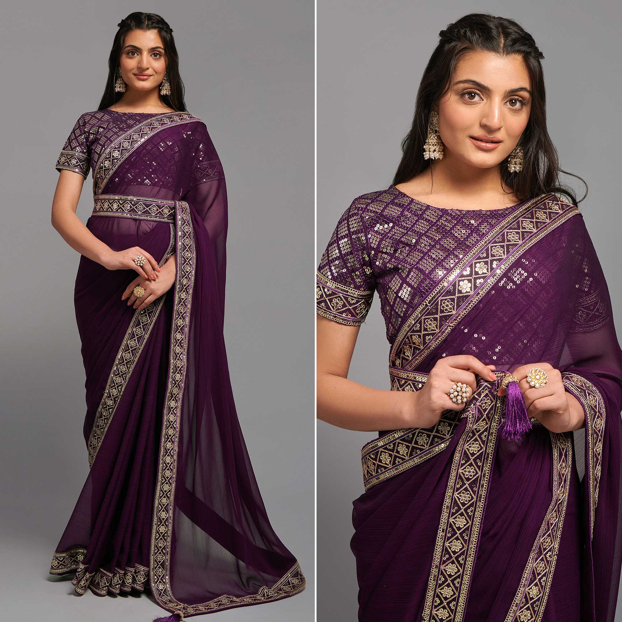 Wine Sequins Embroidered Border Chinon Saree