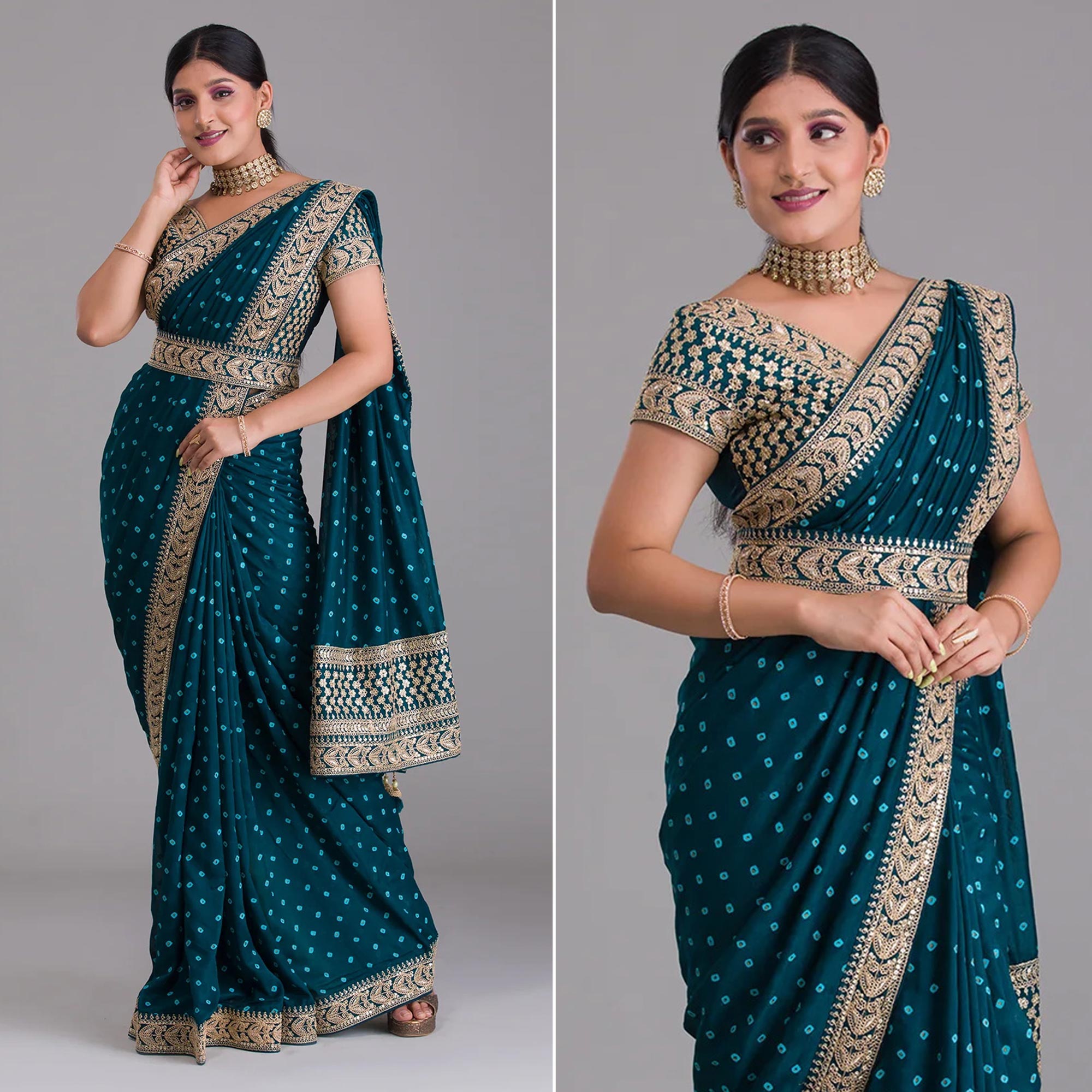 Blue Printed With Embroidered Vichitra Silk Saree