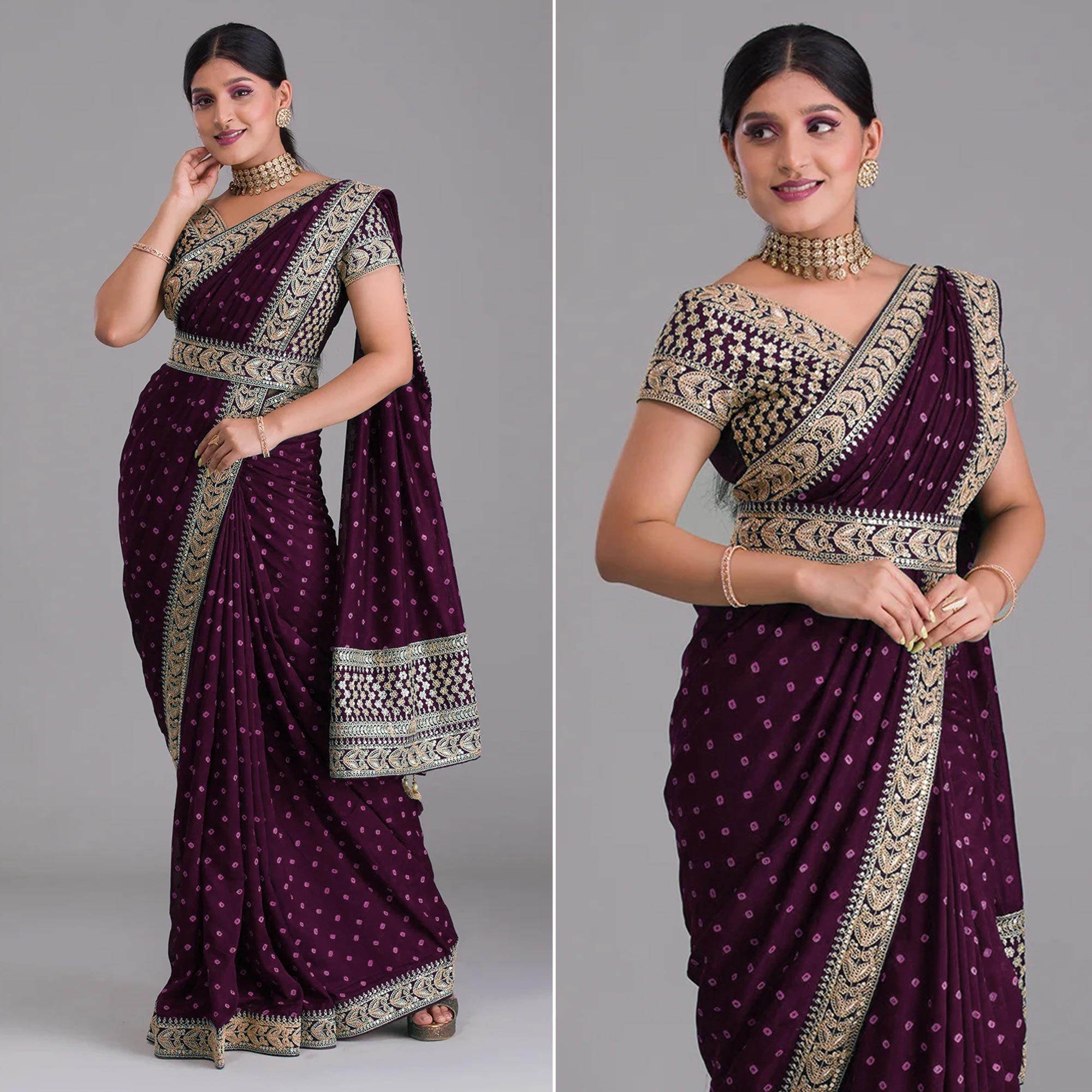 Wine Printed With Embroidered Vichitra Silk Saree