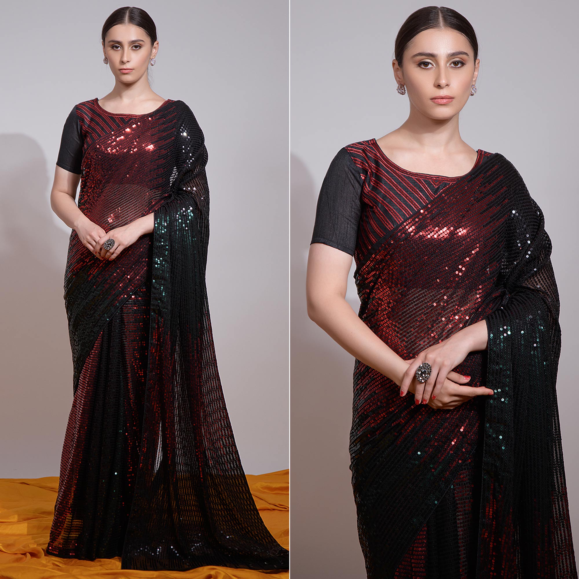 Black & Red Sequins Embroidered Georgette Saree