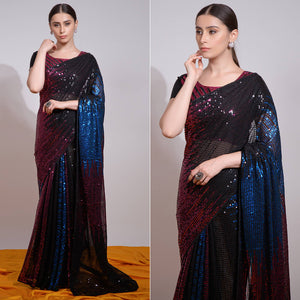 Black & Blue Sequins Embroidered Georgette Saree
