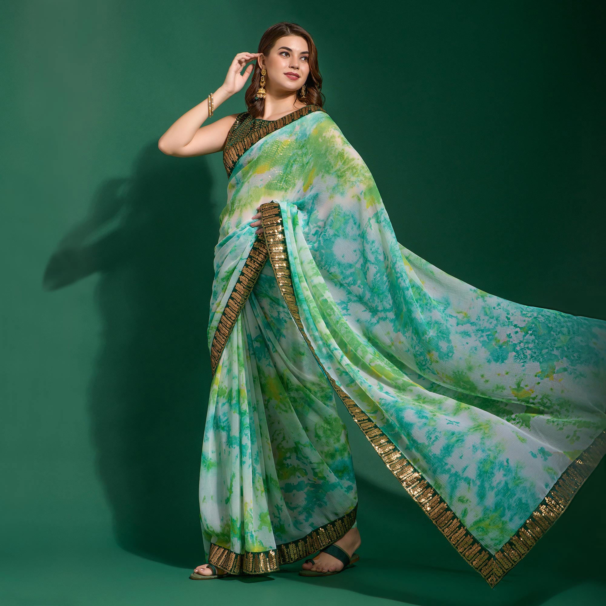 Green Printed With Sequins Border Chiffon Saree