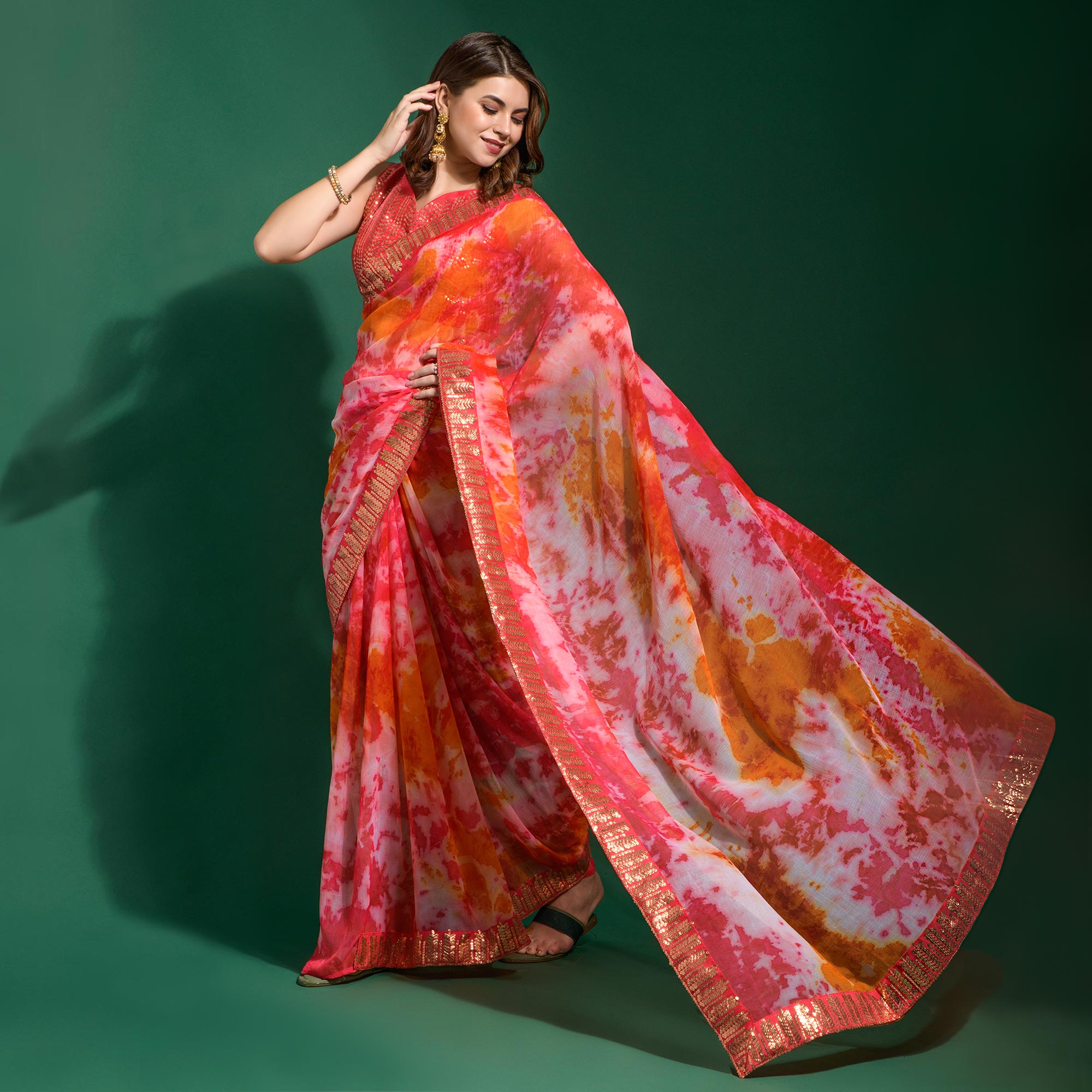 Red Printed With Sequins Border Chiffon Saree