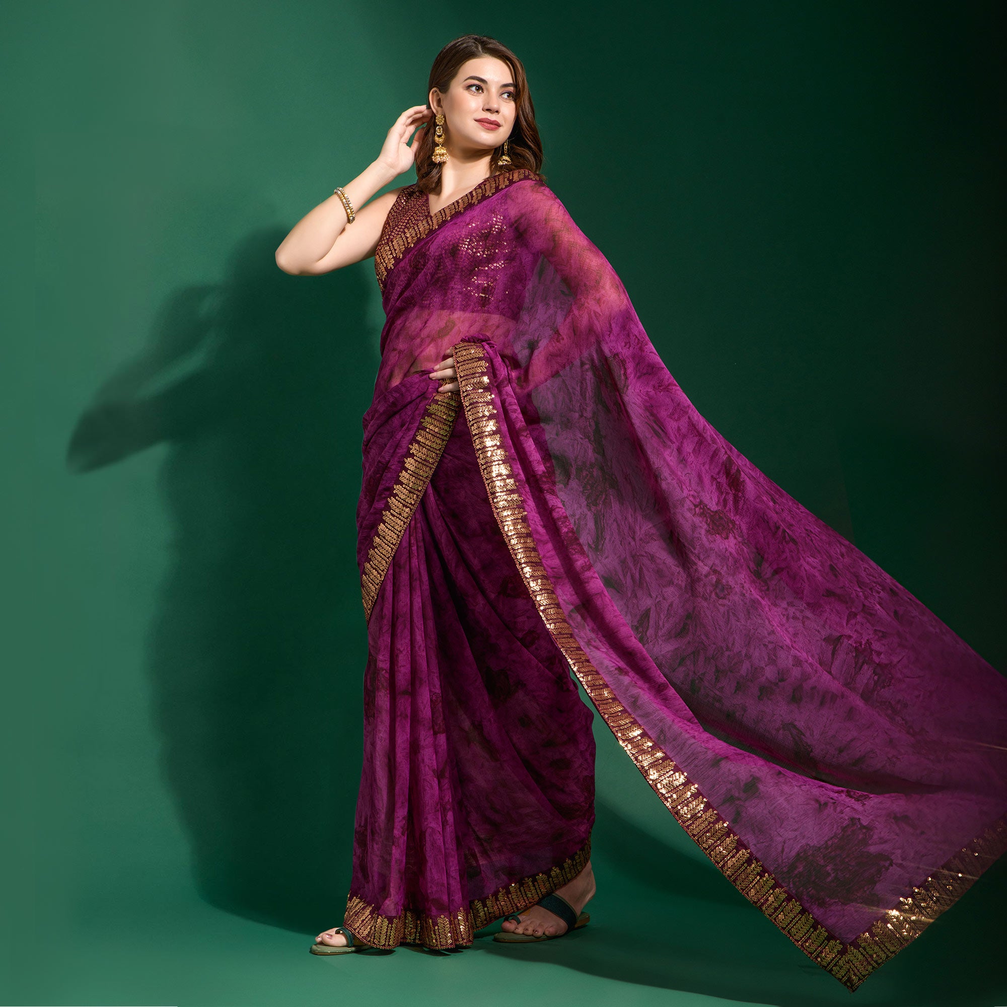 Wine Printed With Sequins Border Chiffon Saree