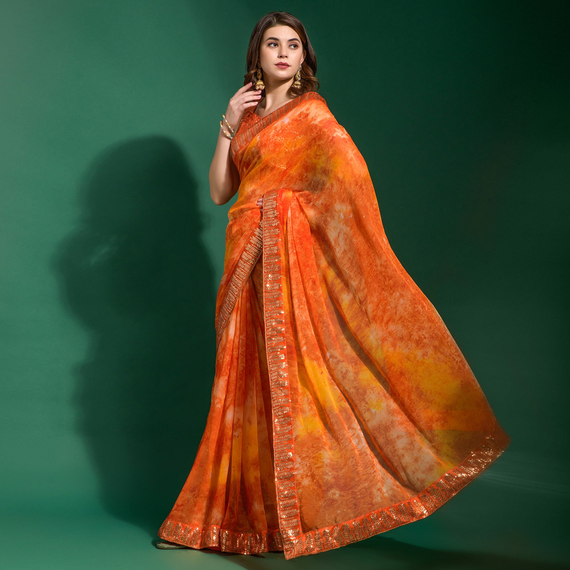 Orange Printed With Sequins Border Chiffon Saree