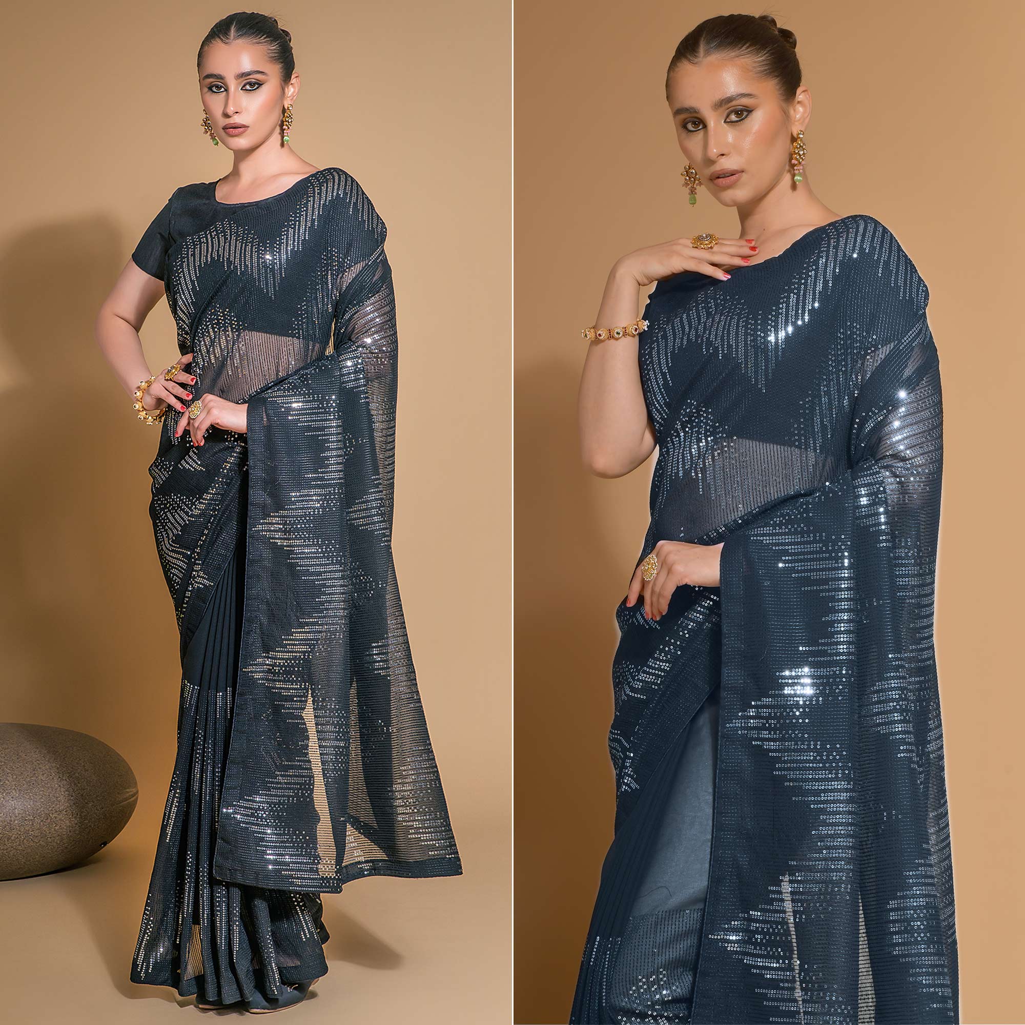 Black Sequins Embroidered Georgette Saree