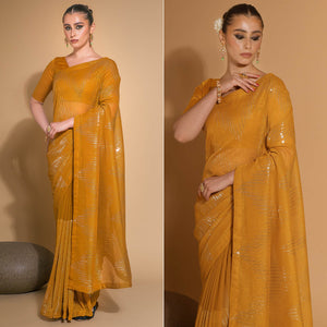 Mustard Sequins Embroidered Georgette Saree