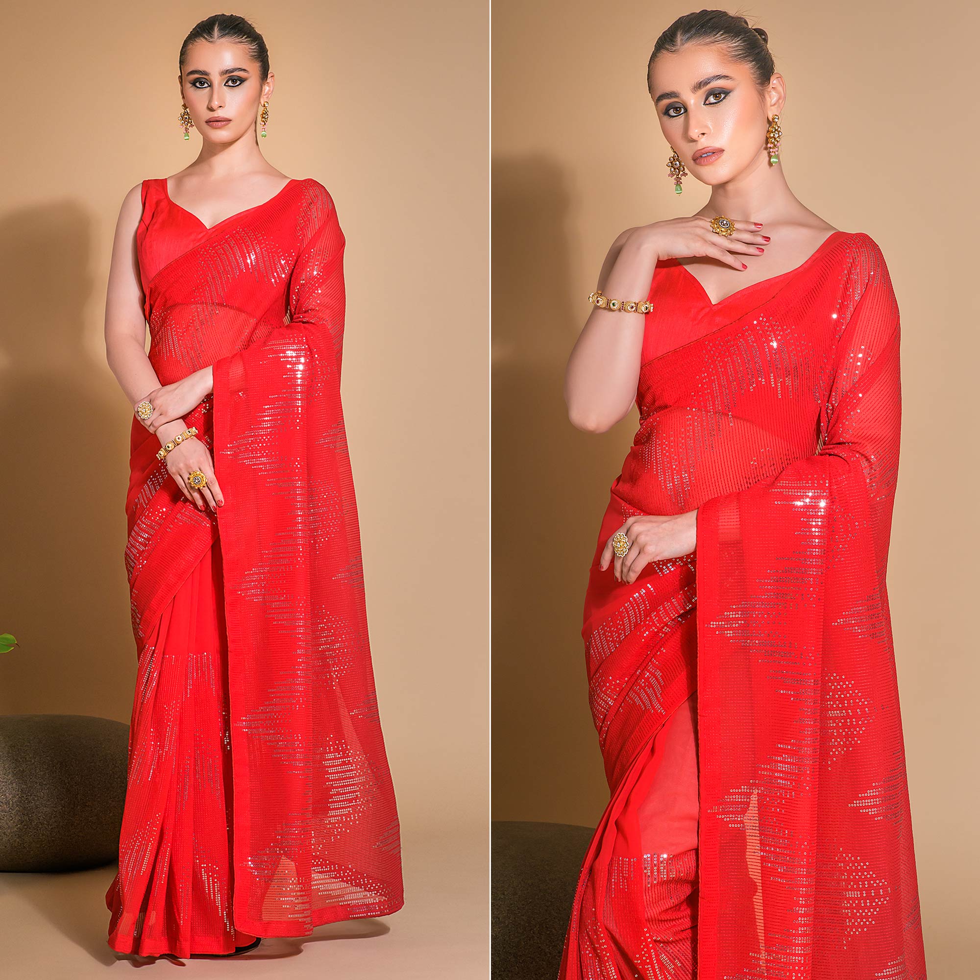 Red Sequins Embroidered Georgette Saree