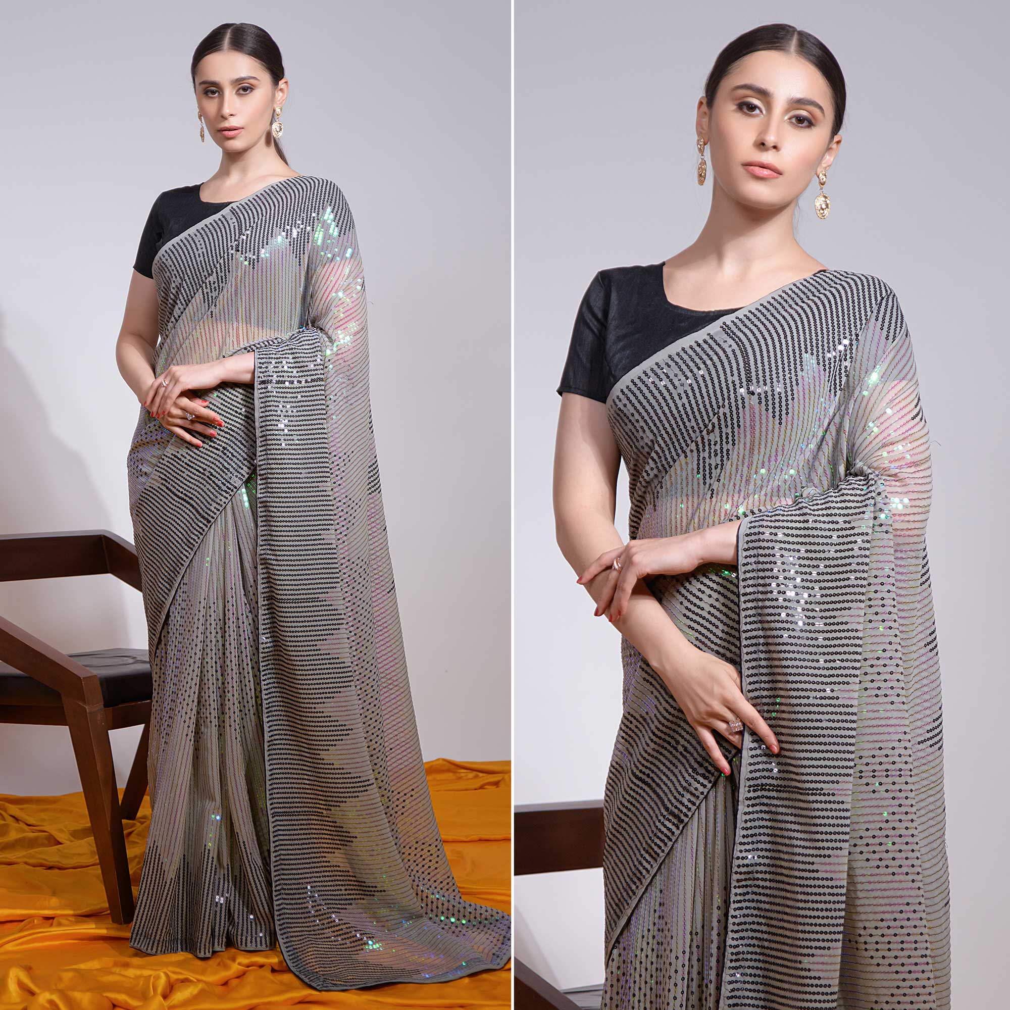 Grey Sequins Embroidered Georgette Saree