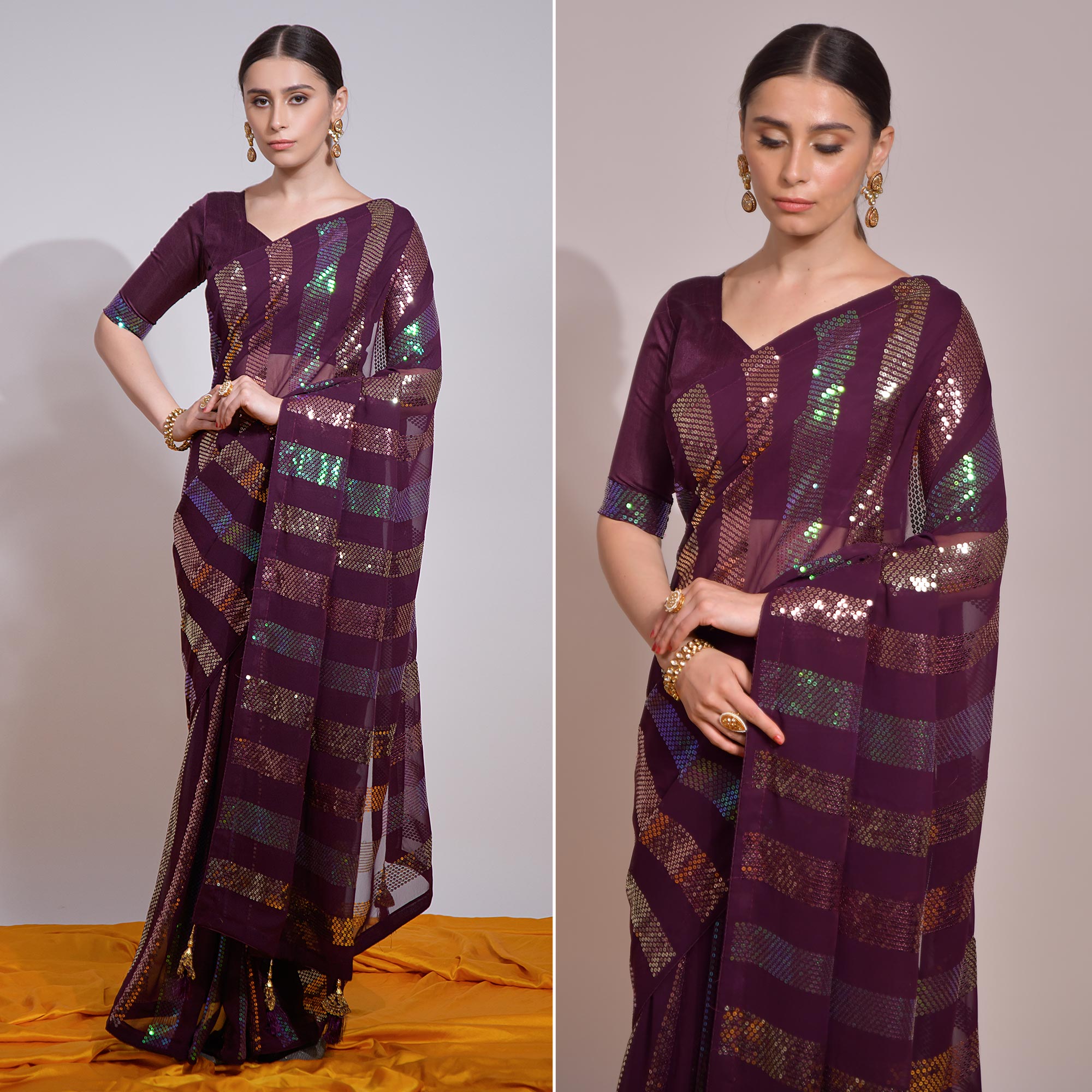 Wine Sequins Embroidered Georgette Saree