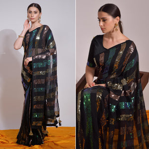 Black Sequins Embroidered Georgette Saree