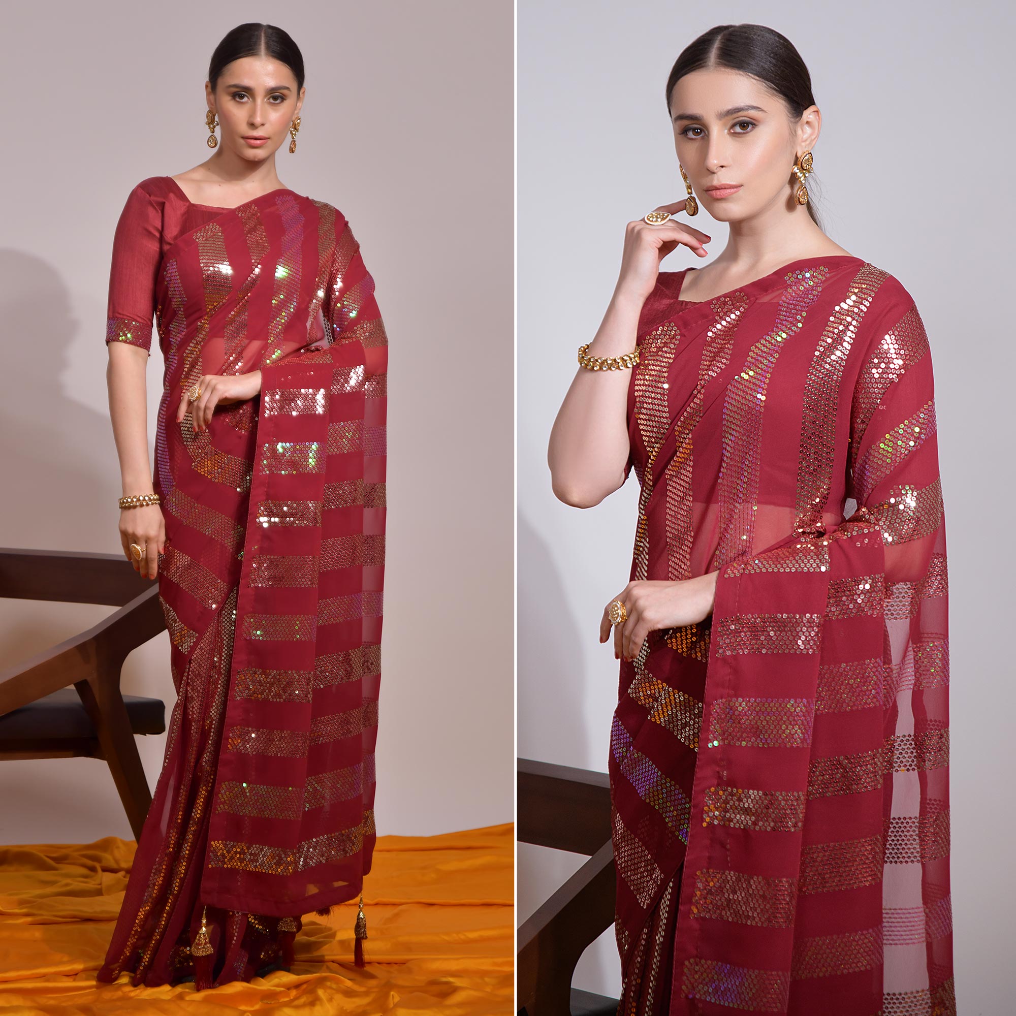 Maroon Sequins Embroidered Georgette Saree