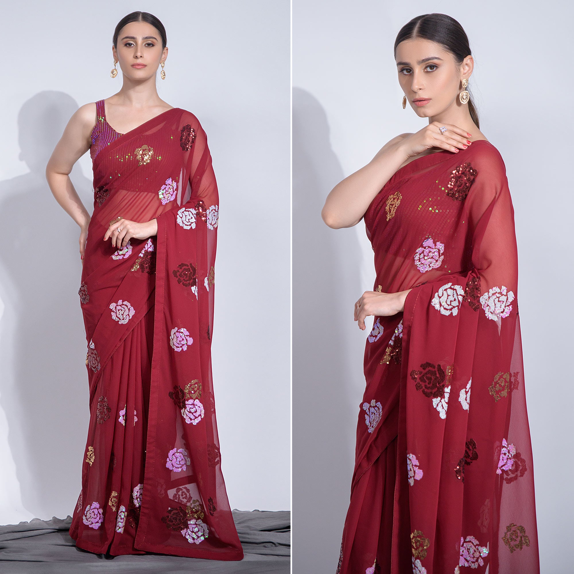 Maroon Sequins Embroidered Georgette Saree