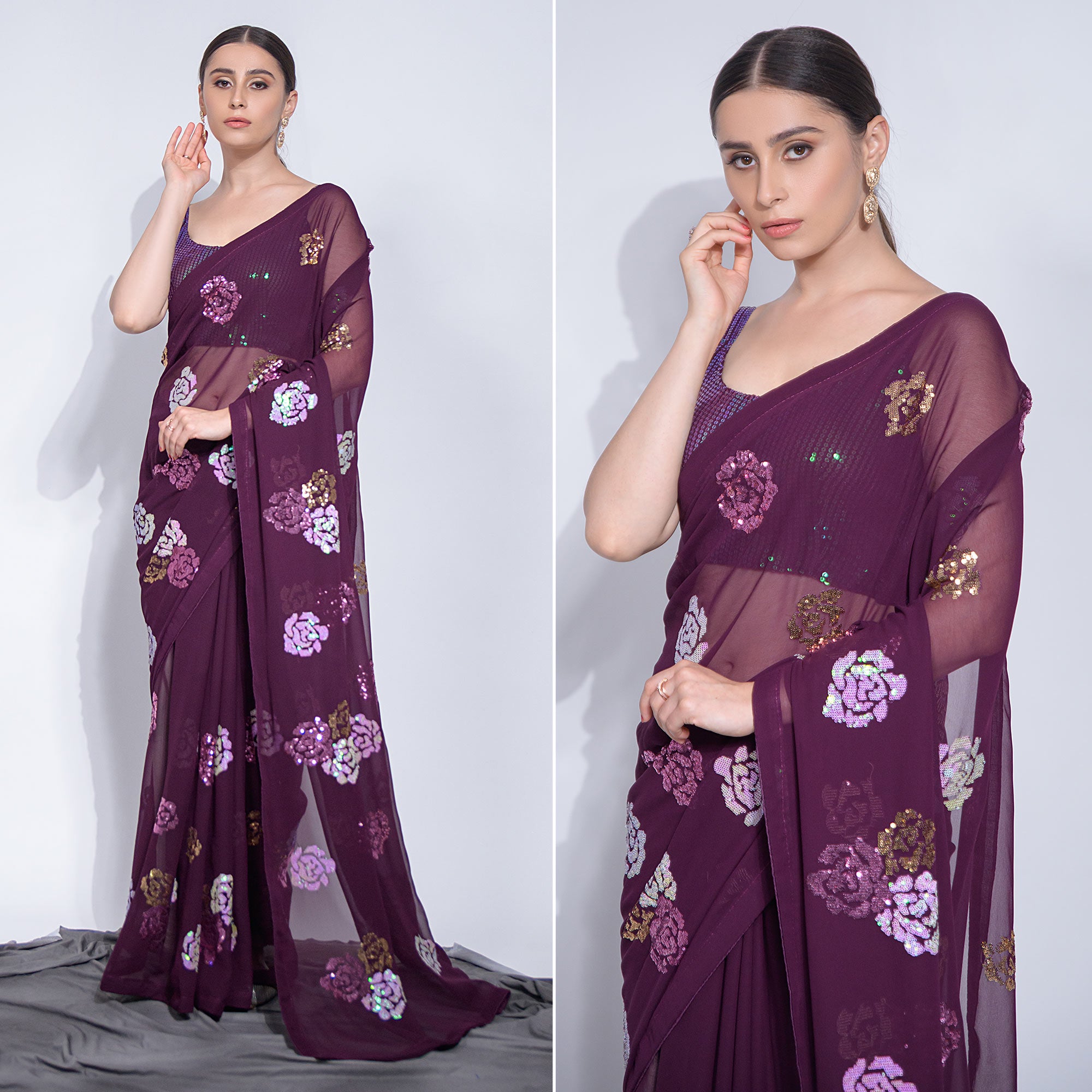 Wine Sequins Embroidered Georgette Saree