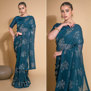 Blue Sequins Embroidered Georgette Saree