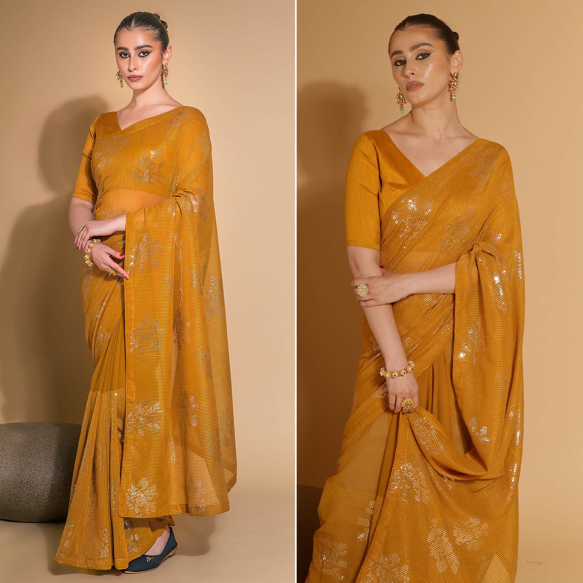 Mustard Sequins Embroidered Georgette Saree