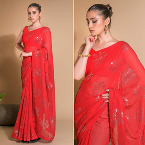 Red Sequins Embroidered Georgette Saree