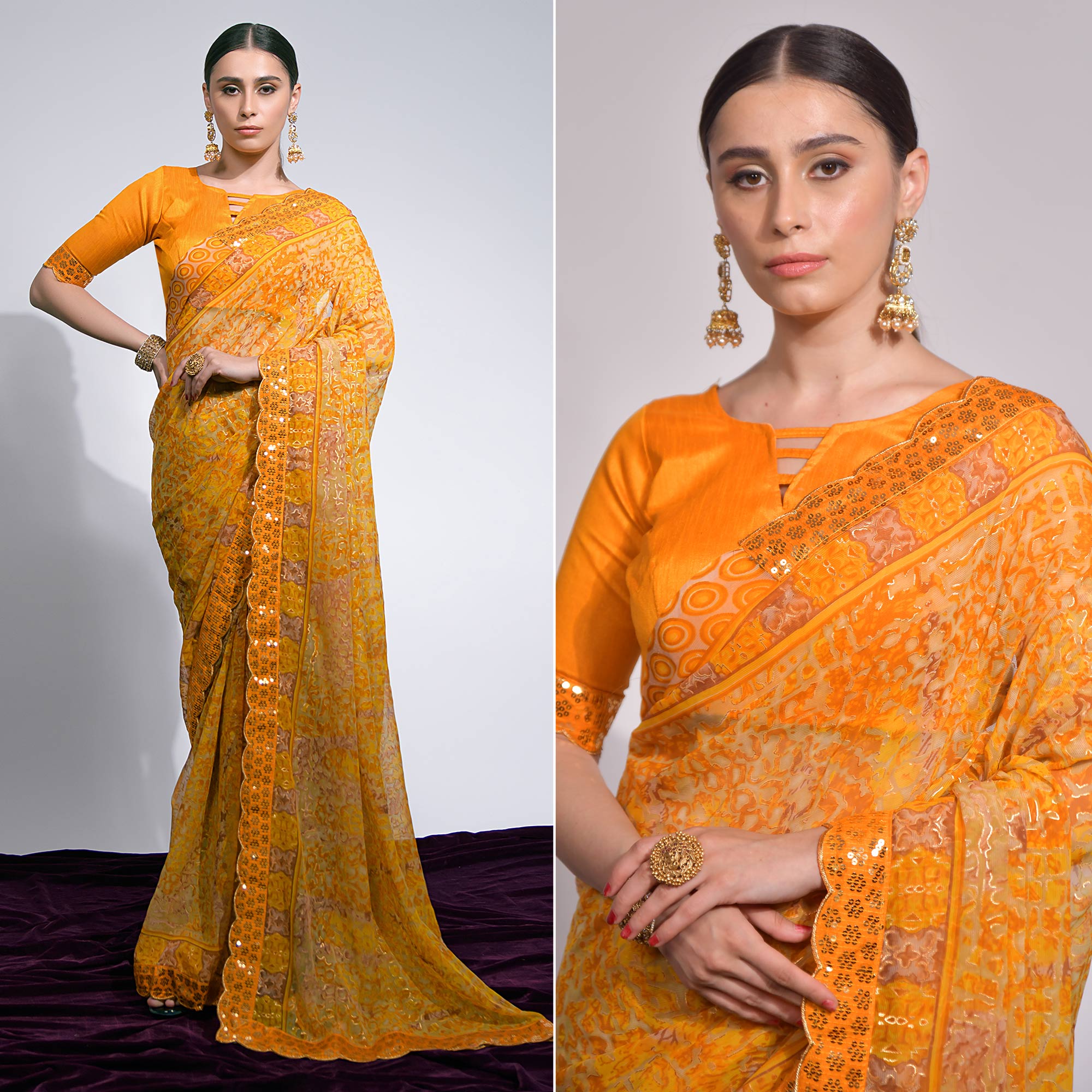Yellow Foil Printed Chiffon Saree With Embroidered Border