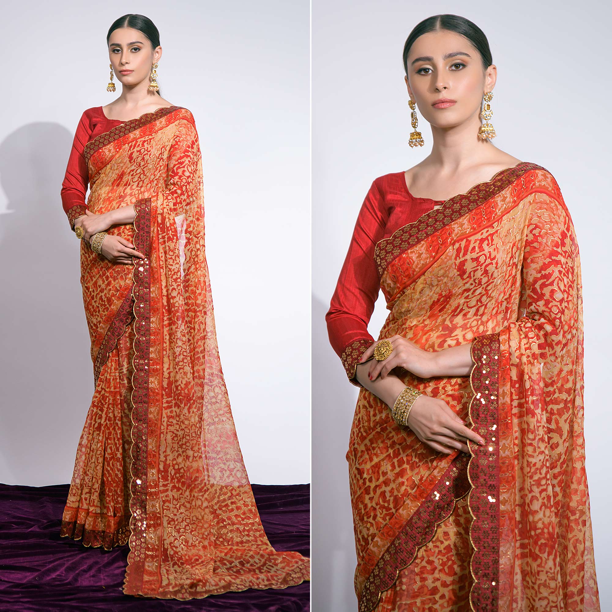 Red Foil Printed Chiffon Saree With Embroidered Border