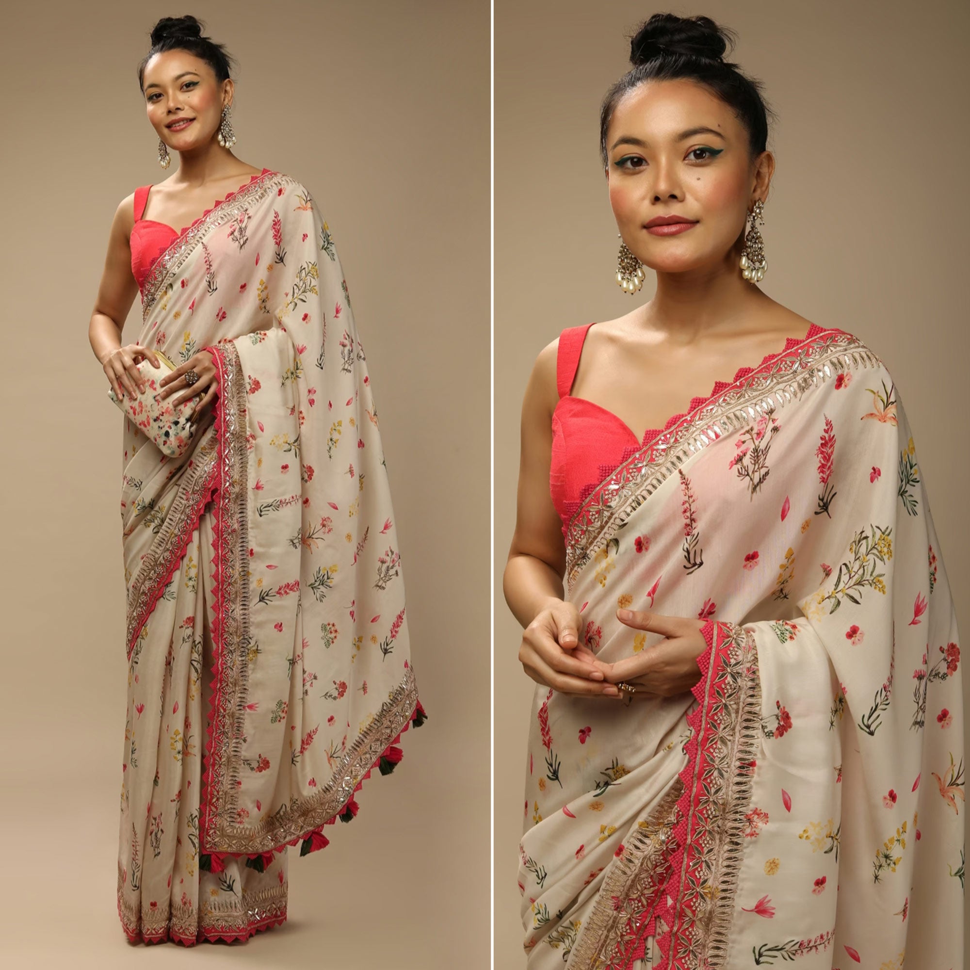Off White Floral Printed Chinon Saree