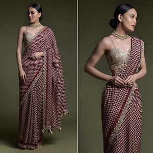 Maroon Printed With Embroidered Border Chinon Saree