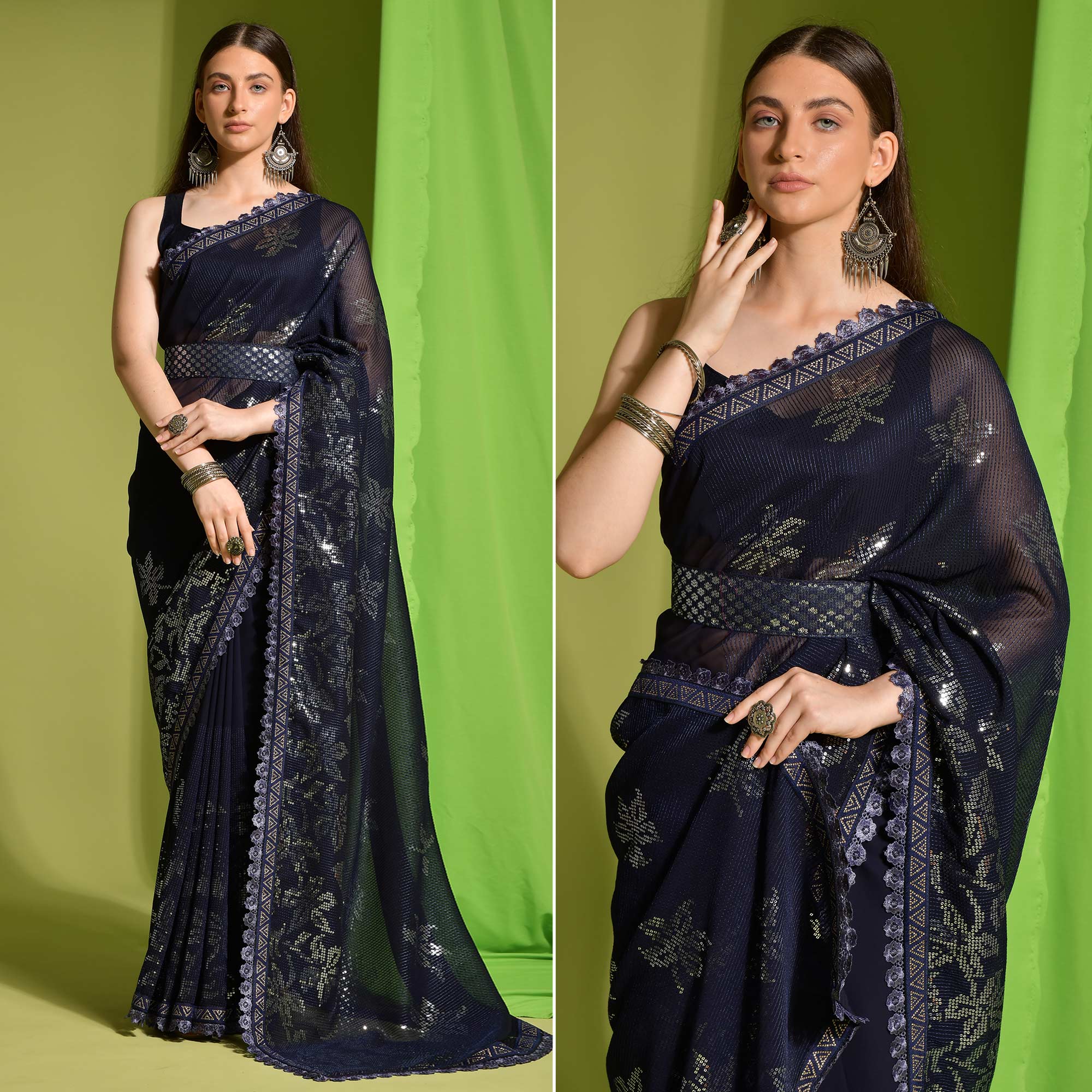 Navy Blue Sequins Embroidered Georgette Saree