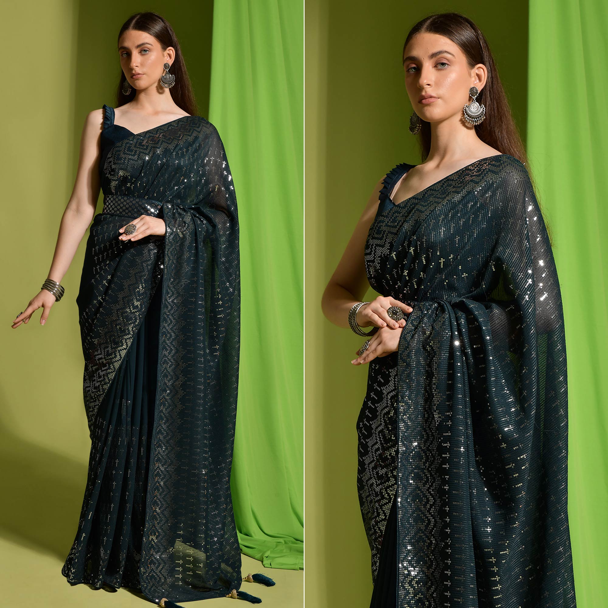 Dark Green Sequins Embroidered Georgette Saree