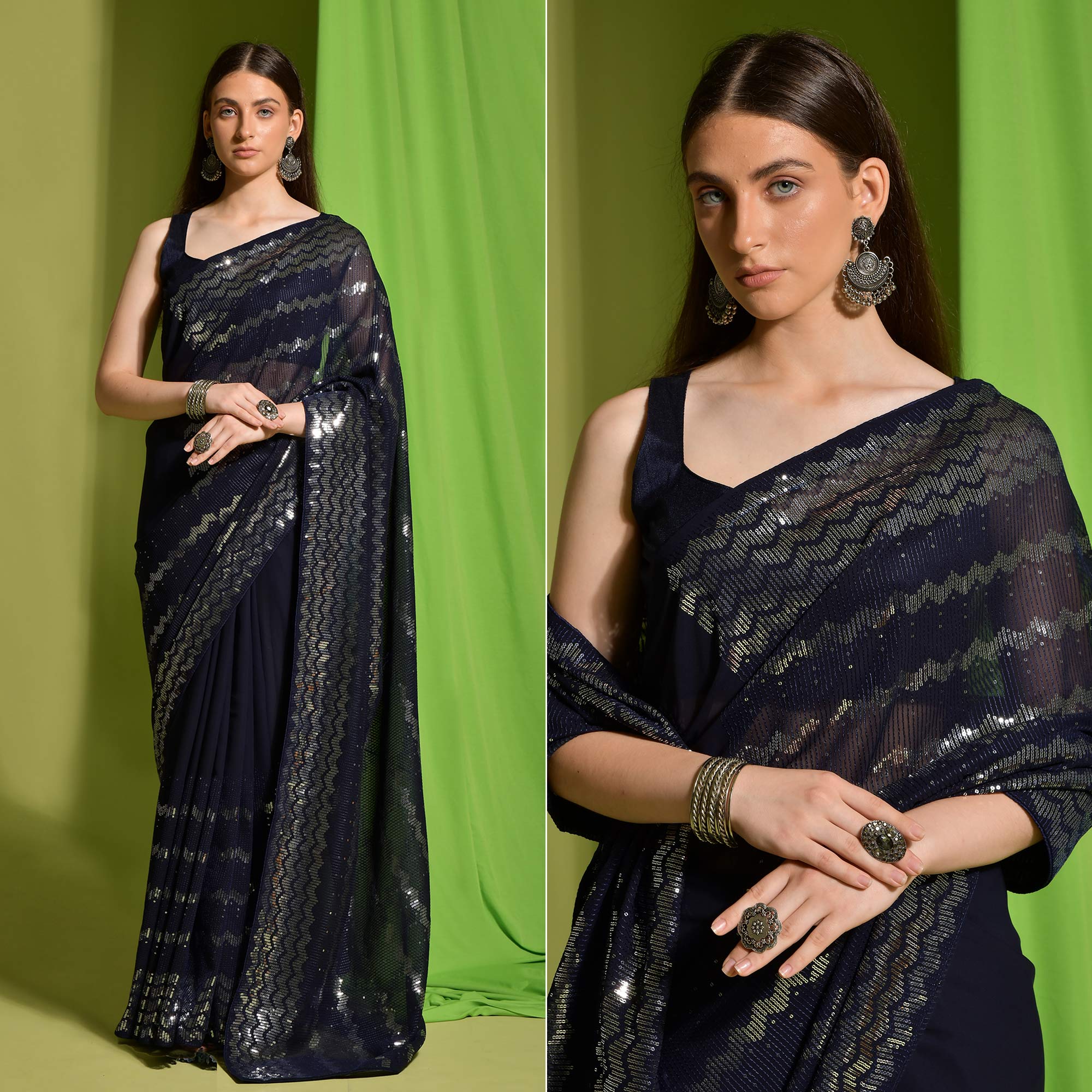 Navy Blue Sequins Embroidered Georgette Saree