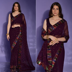 Wine Sequins Embroidered Georgette Saree
