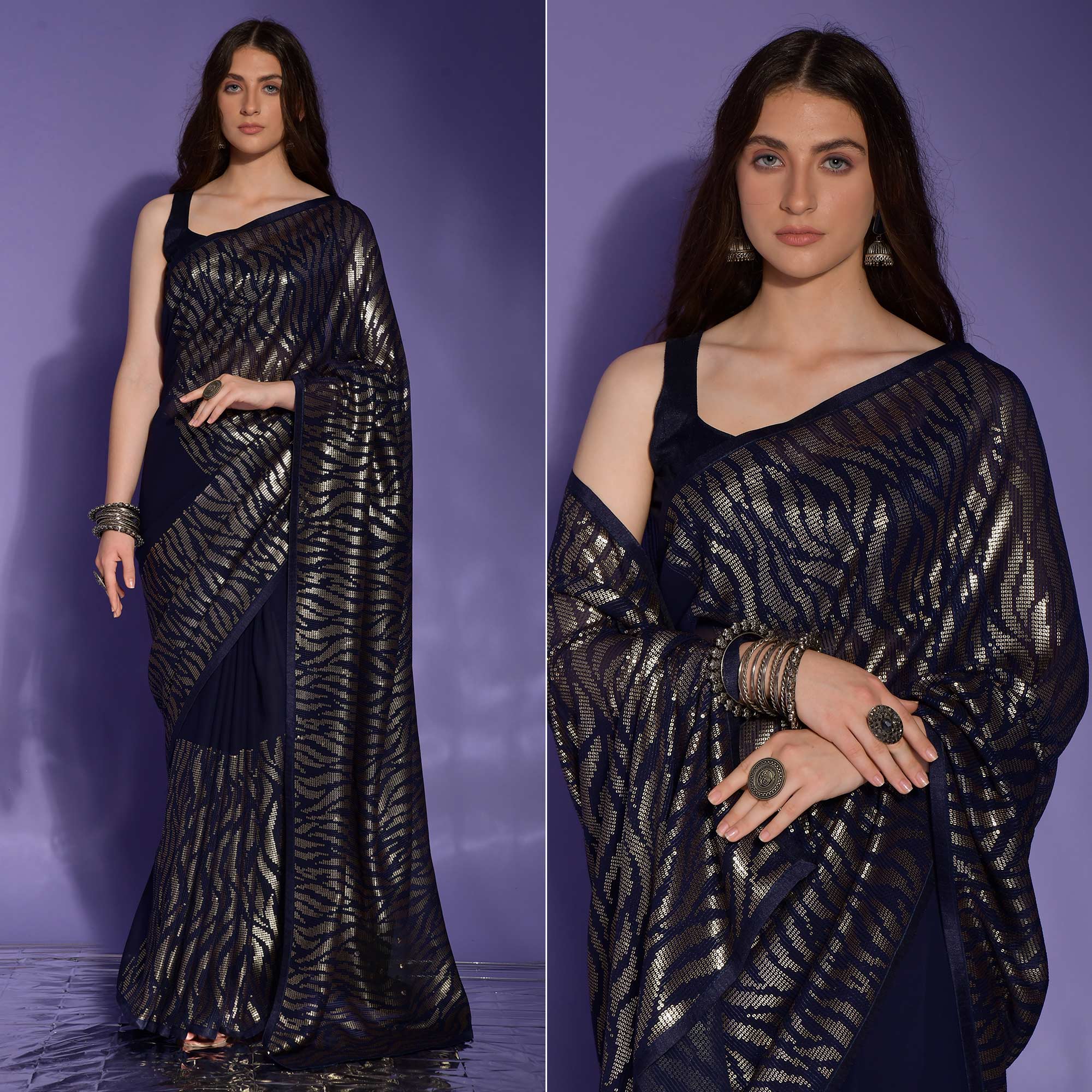 Navy Blue Sequins Embroidered Georgette Saree