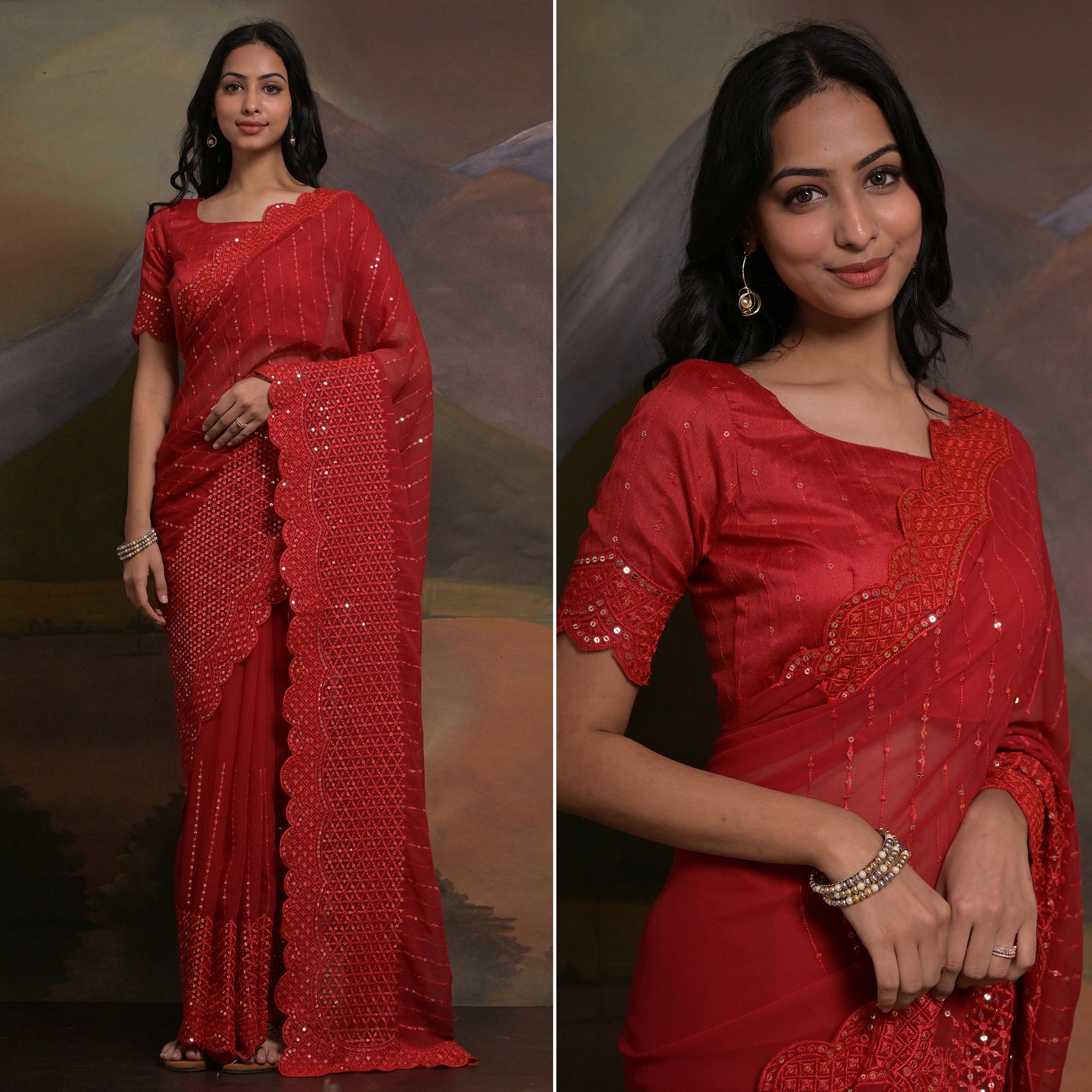 Red Sequins Embroidered Georgette Saree