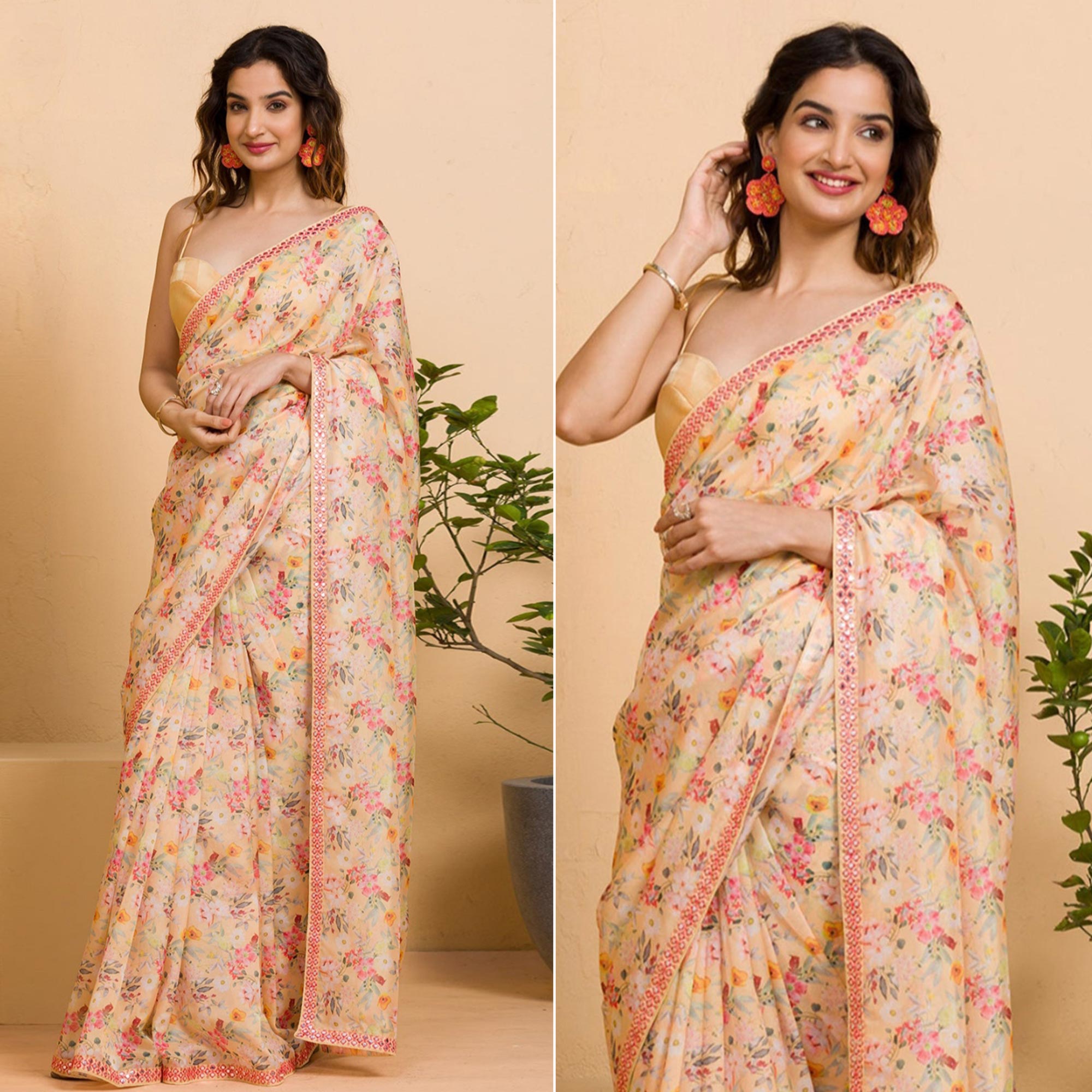 Peach Floral Printed Chinon Saree With Fancy Mirror Border