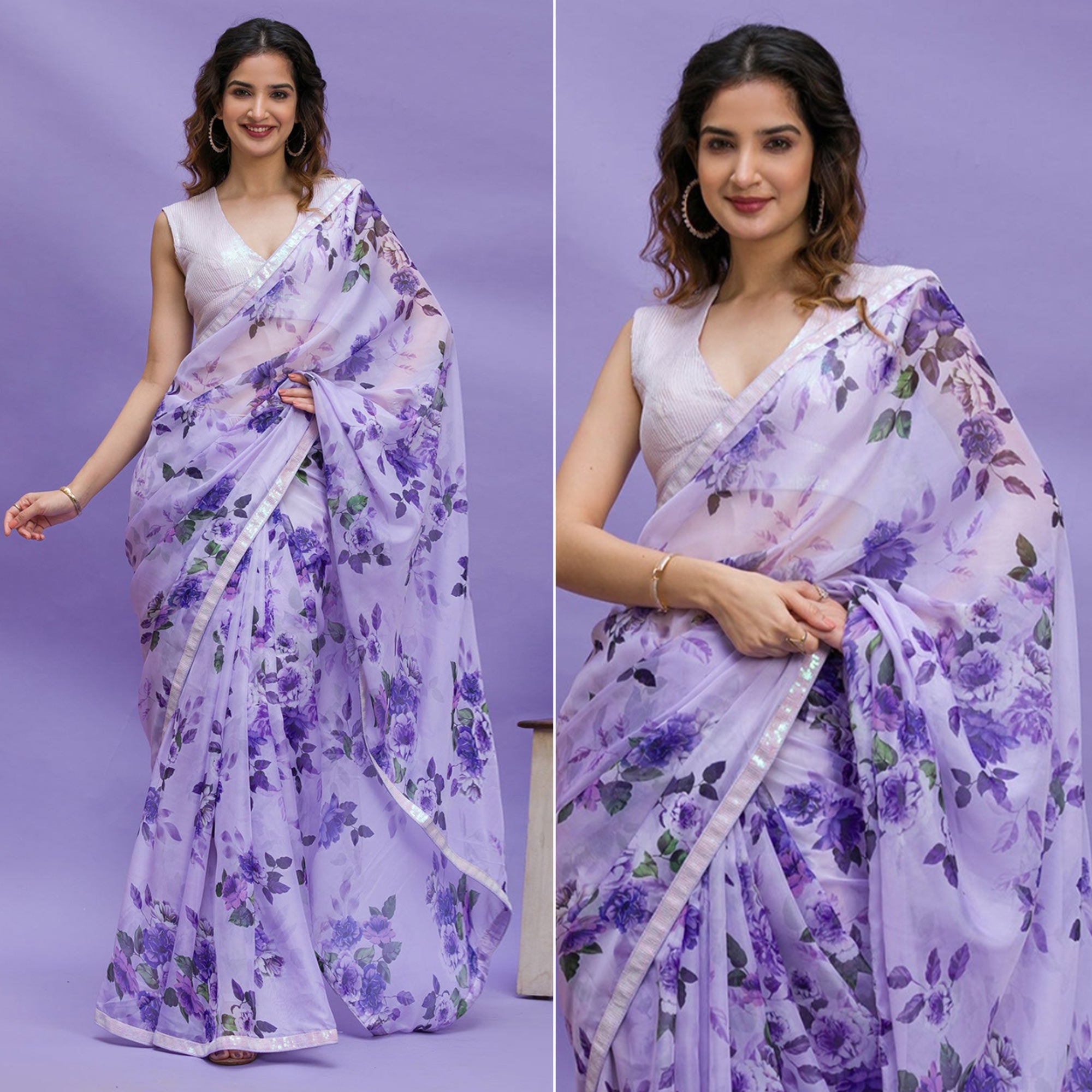 Purple Floral Printed Chinon Saree With Embroidered Border