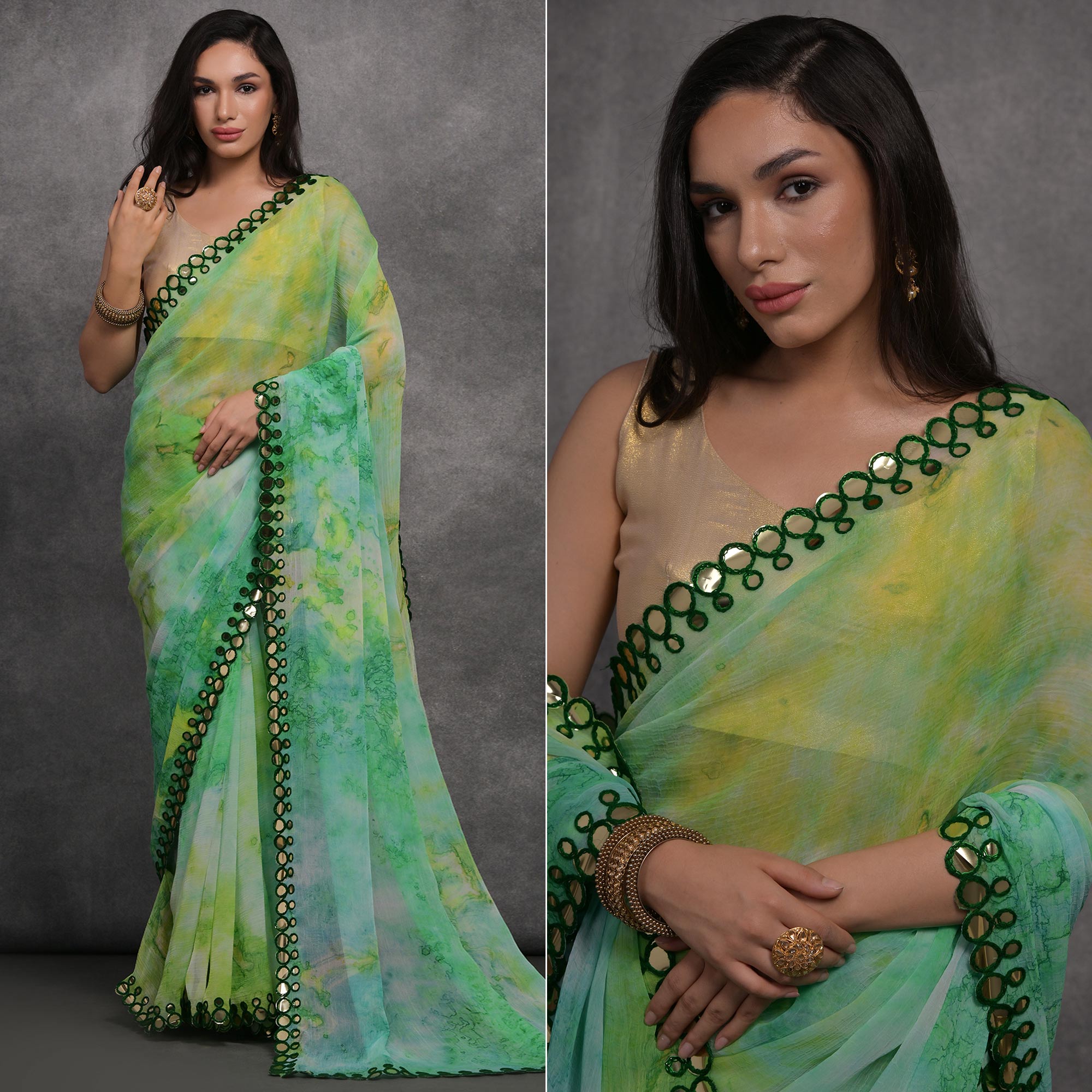 Multicolor Printed With Mirror Work Georgette Saree