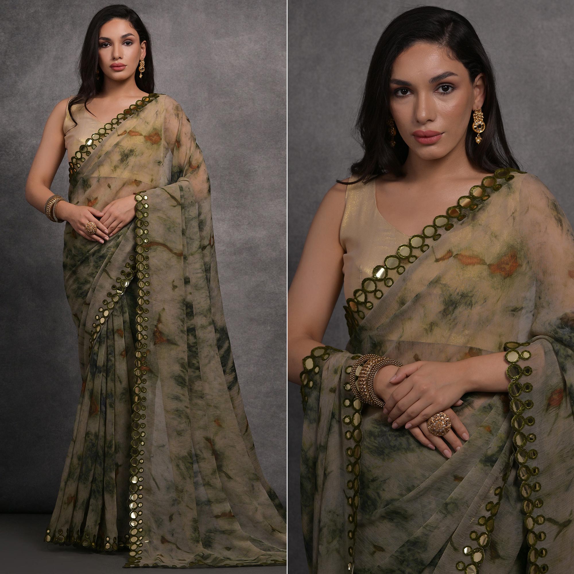 Green Printed With Mirror Work Georgette Saree