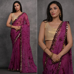 Purple Printed With Mirror Work Georgette Saree