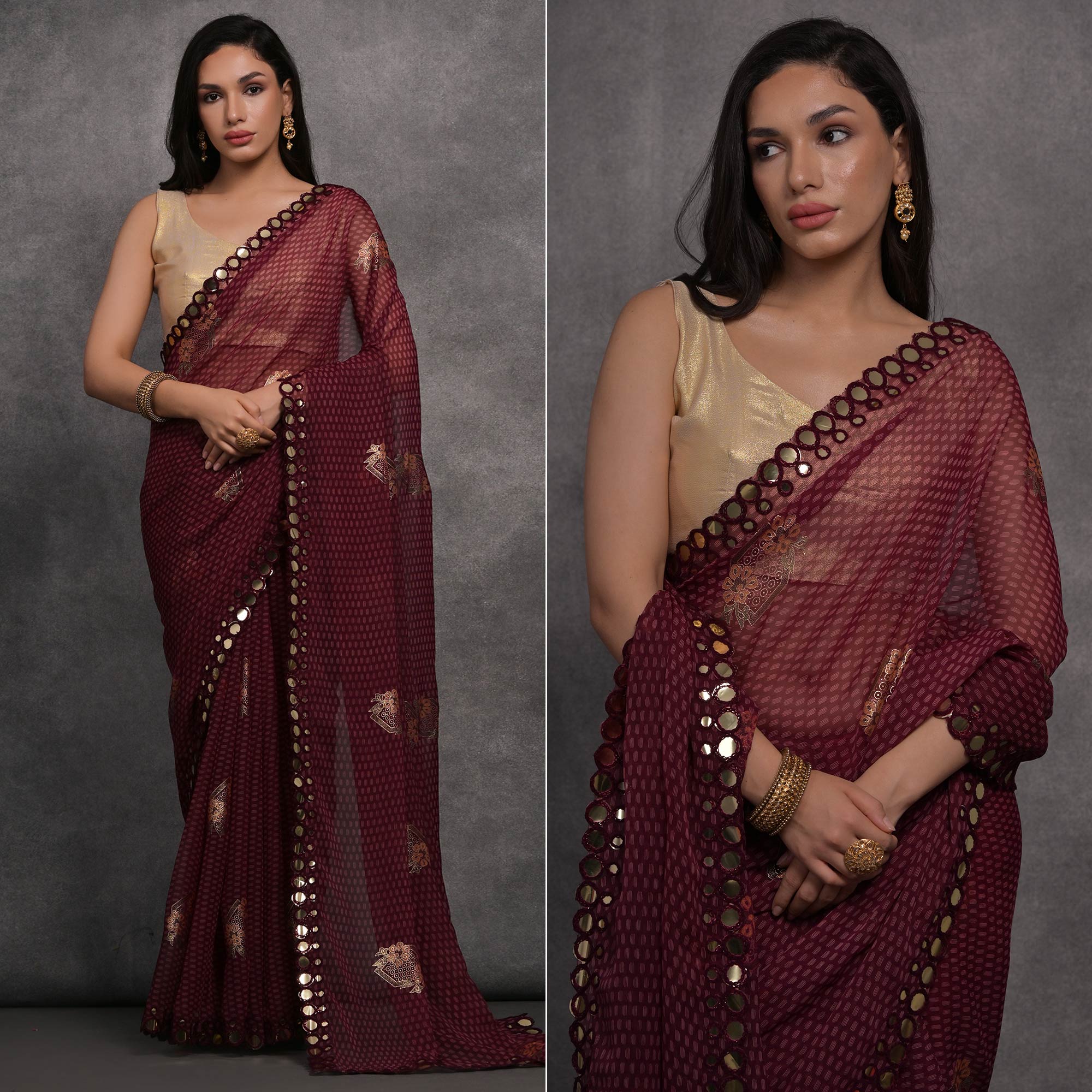 Wine Foil Printed With Mirror Work Georgette Saree