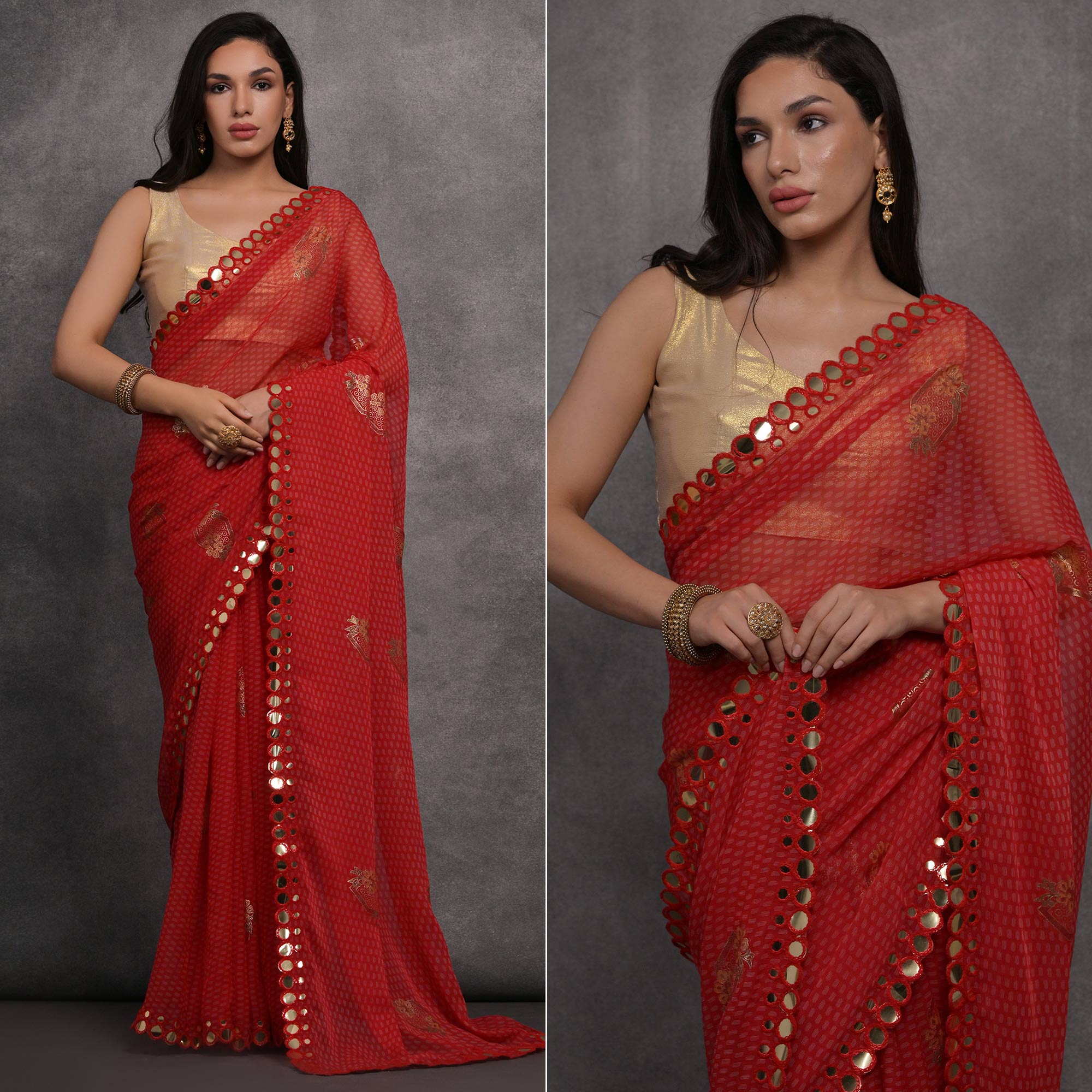 Red Foil Printed With Mirror Work Georgette Saree