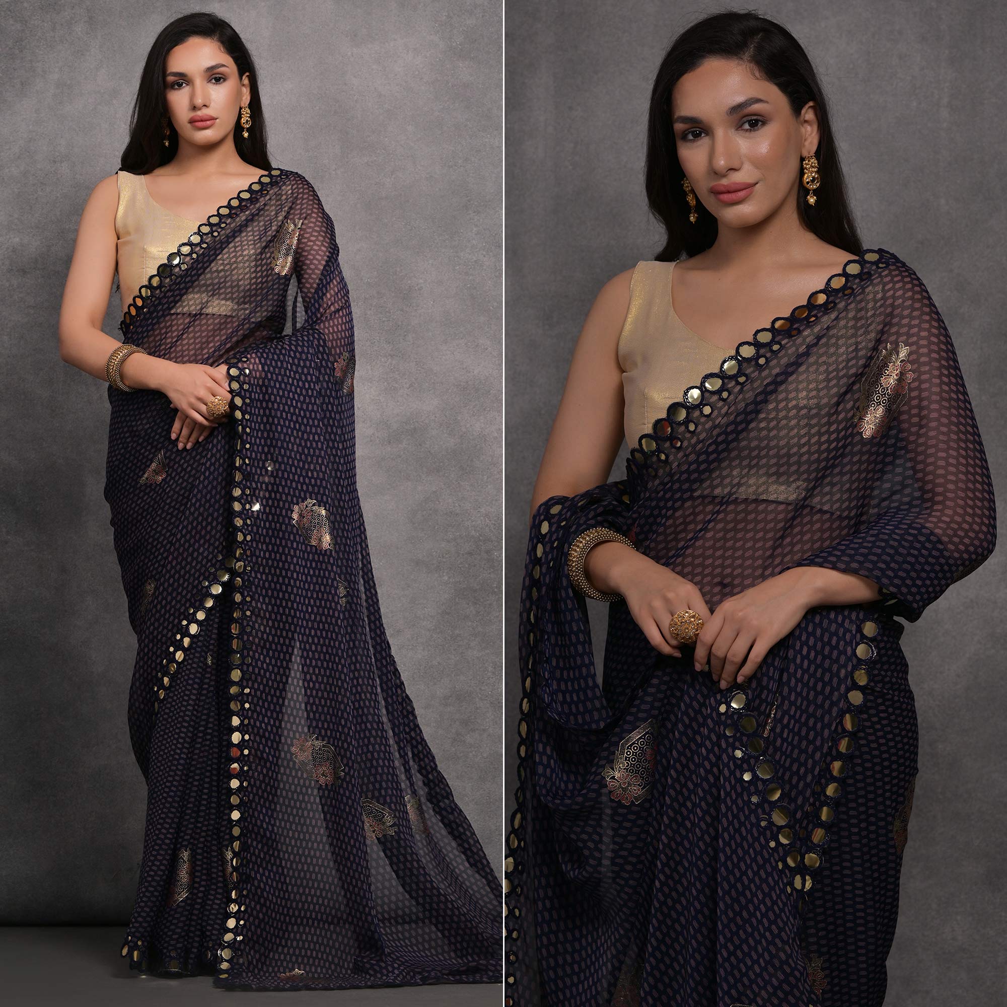 Blue Foil Printed With Mirror Work Georgette Saree